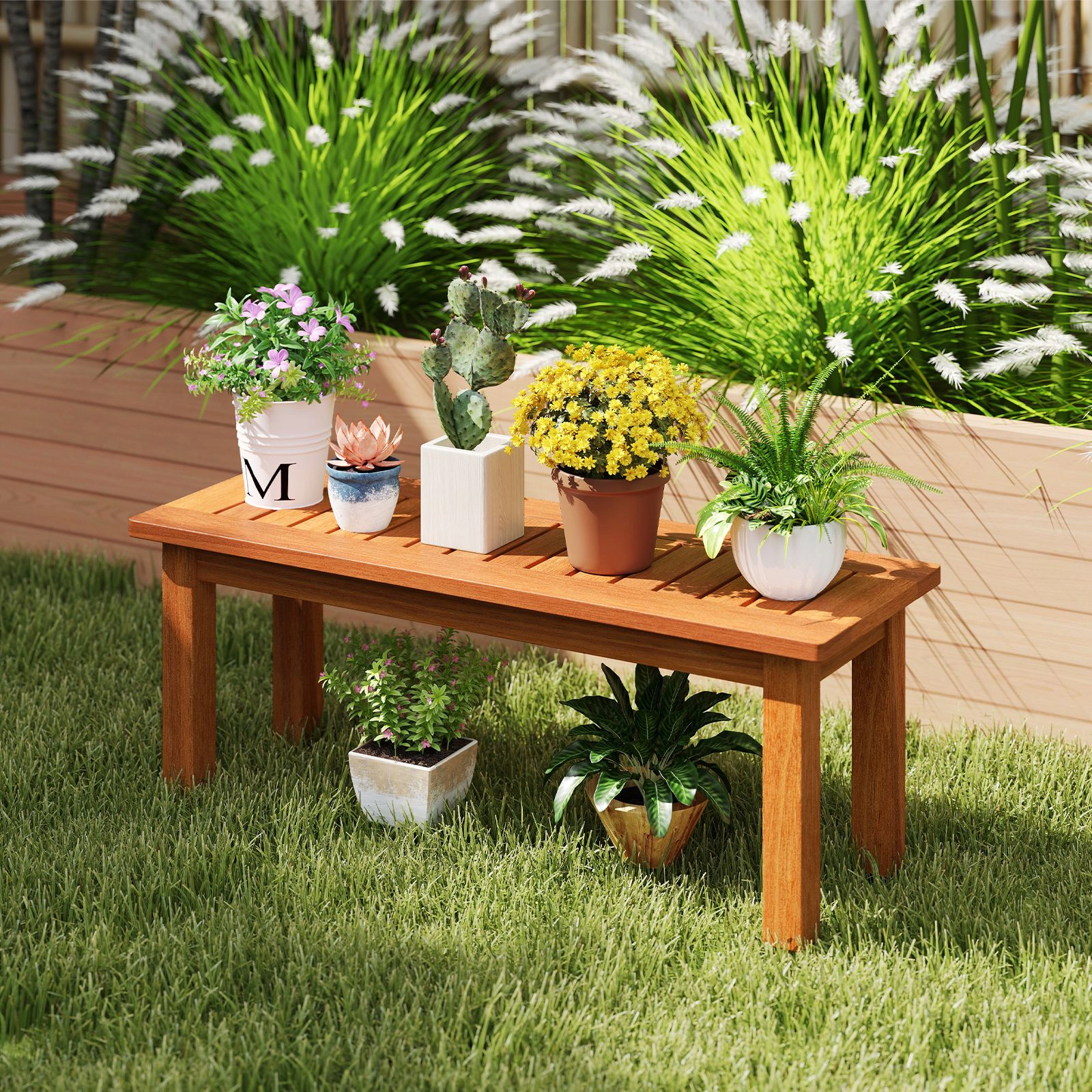 SlickBlue Wooden Plant Stand with Slatted Shelf for Outdoor Garden