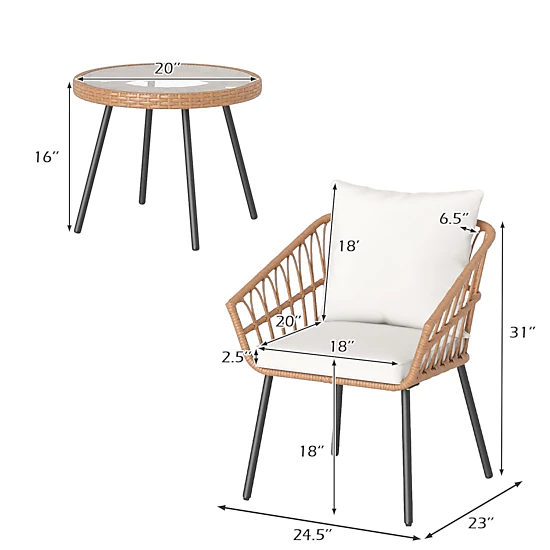 SUGIFT 3-Piece Beige Patio Bistro Set, 2 Cushioned Chairs, 20-Inch Round Tempered Glass Table