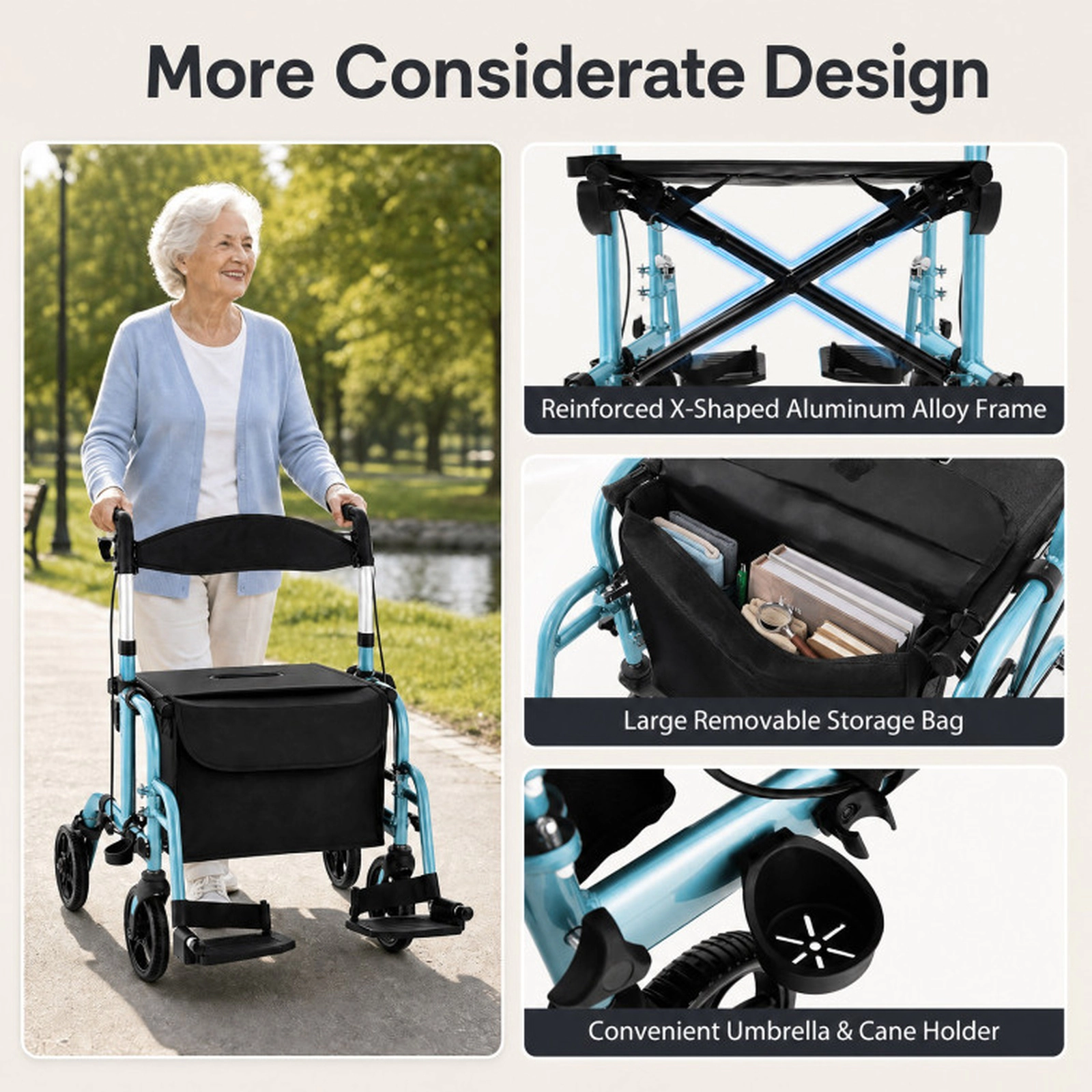 SUGIFT 2-in-1 Adjustable Folding Handle Rollator Walker and Wheelchair 300-lb Capacity Blue