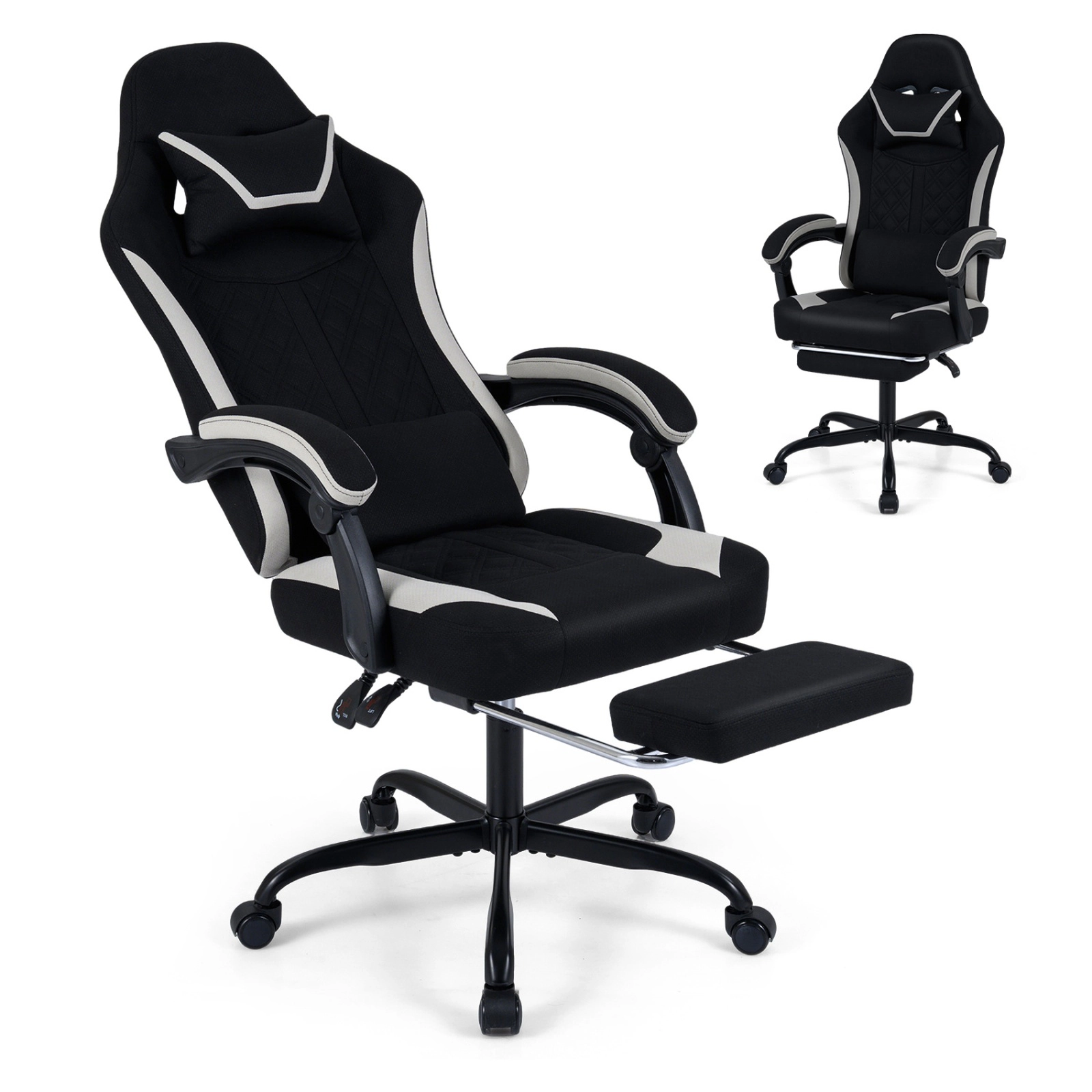 SUGIFT Gaming Chair Black Height Adjustable with Headrest Retractable Footrest and Swivel Seat