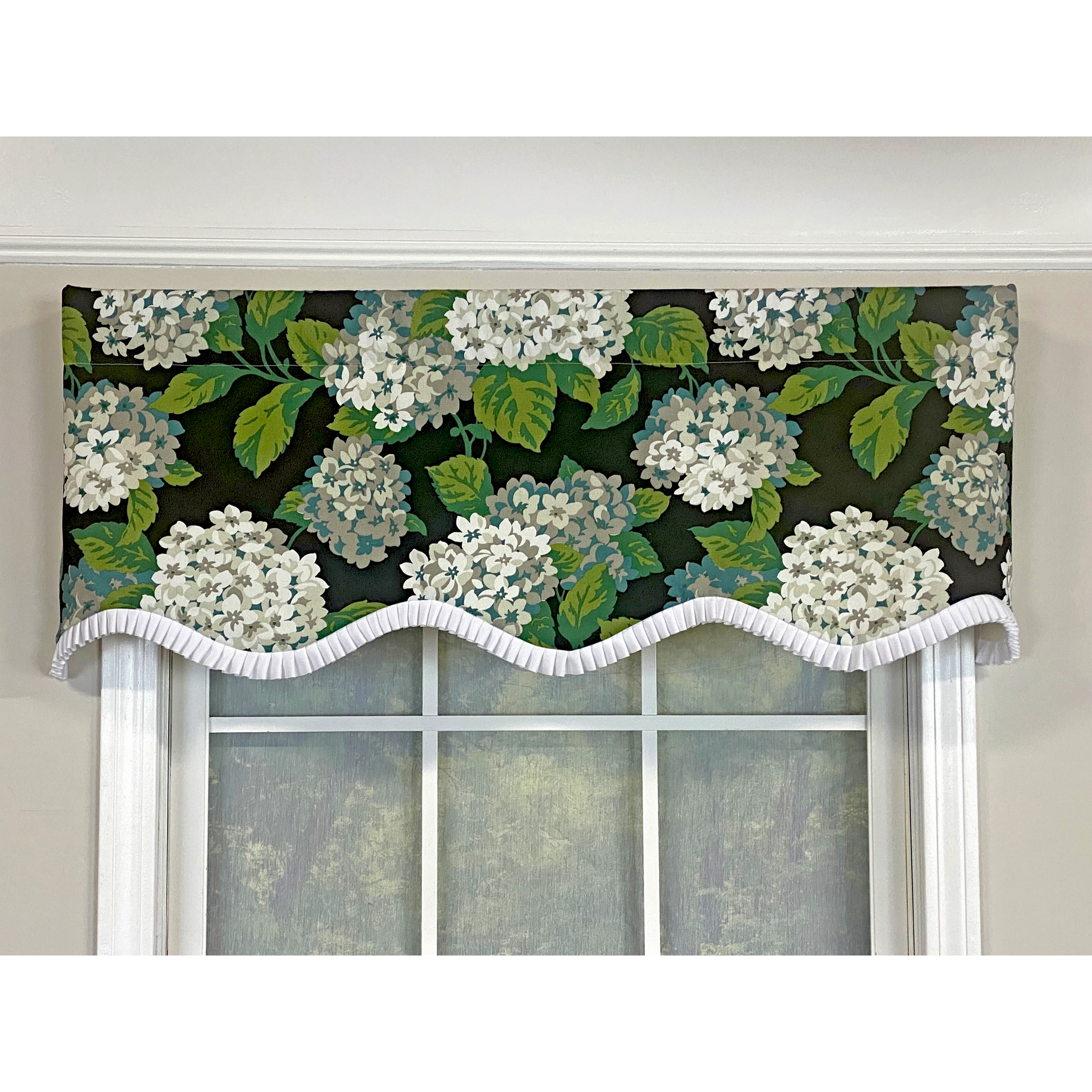 RLF Home Hydrangea Ruffled Provance valance Tuxedo Black. 3" Rod Pocket 50"W x 17"L