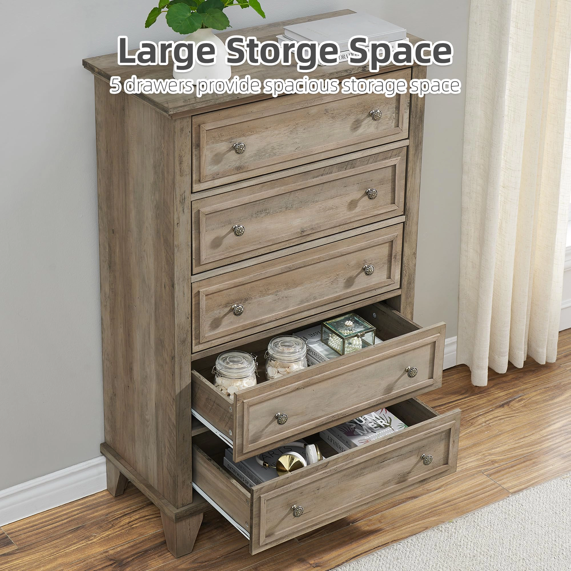 5 Drawer Modern Wood Dresser with Metal Handles, 48" Tall Storage Chest for Bedroom Entryway Hallway