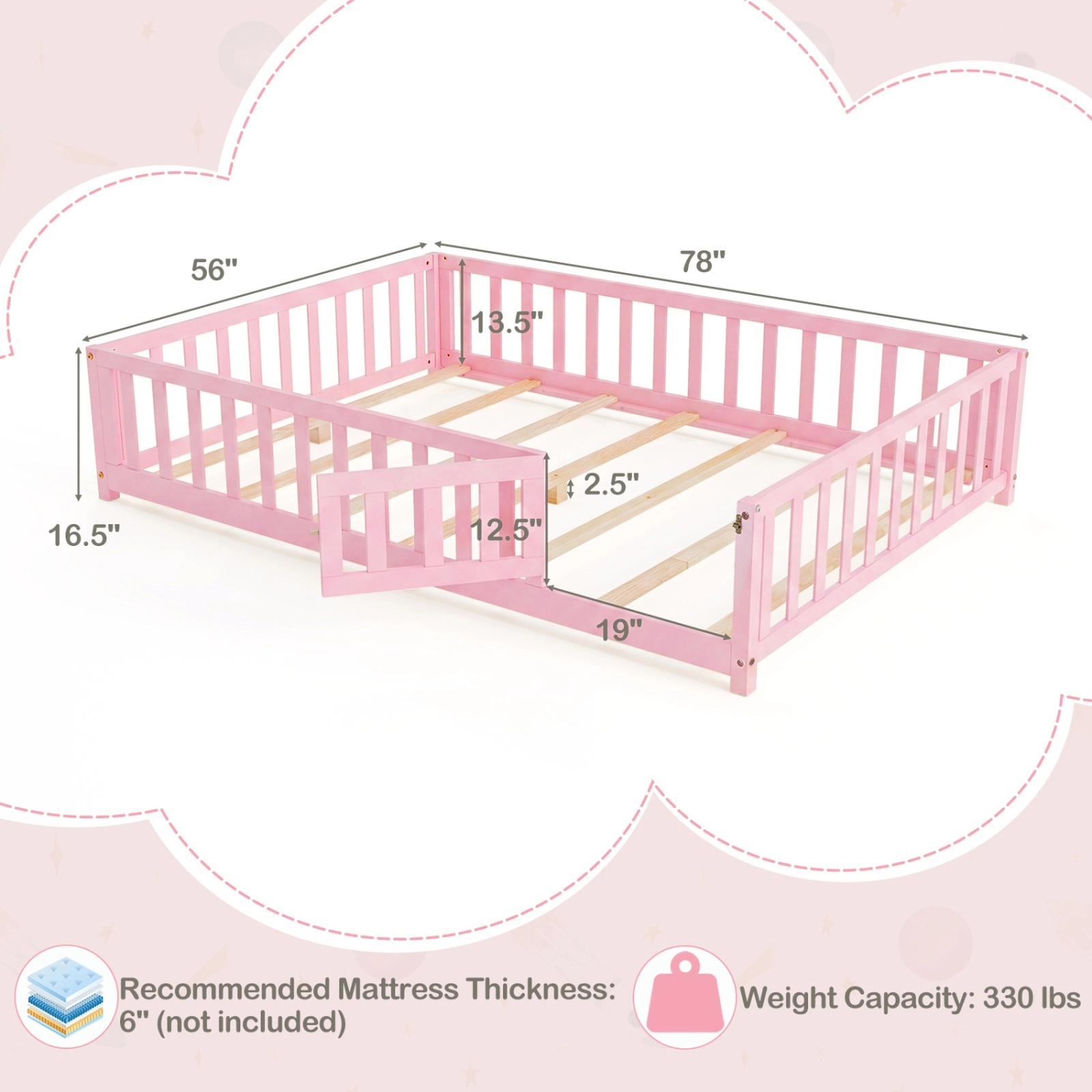 SUGIFT Full Montessori Floor Bed, Full-Length Rails, Latching Door, Pink Pine Frame