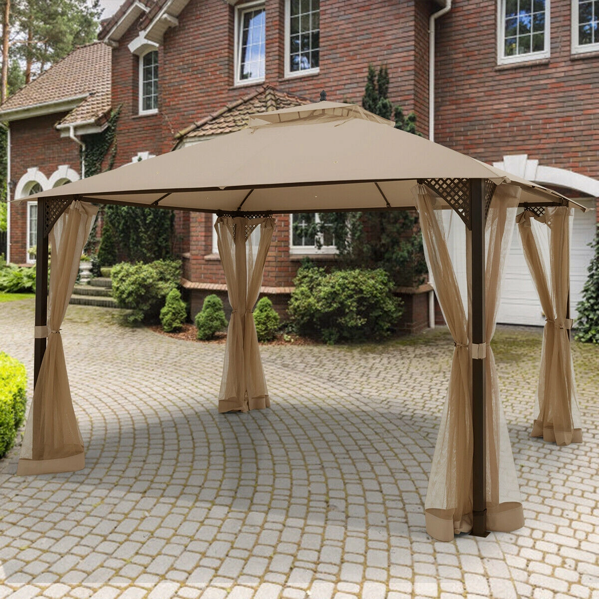 SUGIFT 12-ft x 10-ft Brown Outdoor Patio Gazebo with Mosquito Netting Double Roof and Steel Frame