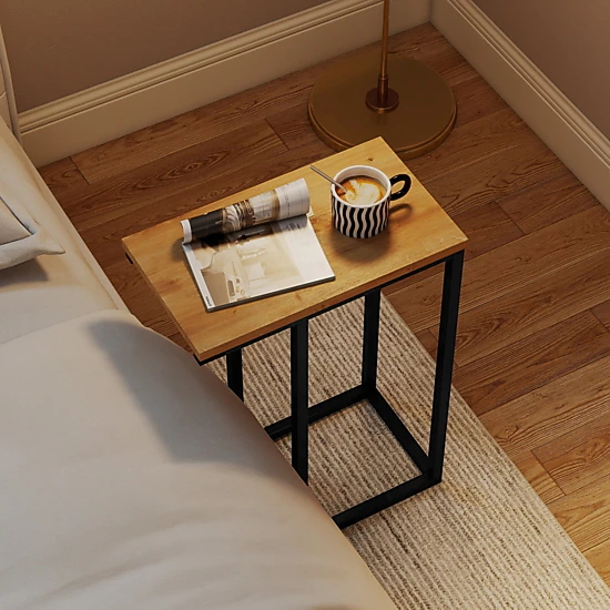 SUGIFT 18-In C-Shaped End Table, Natural Wood Top, Metal Base