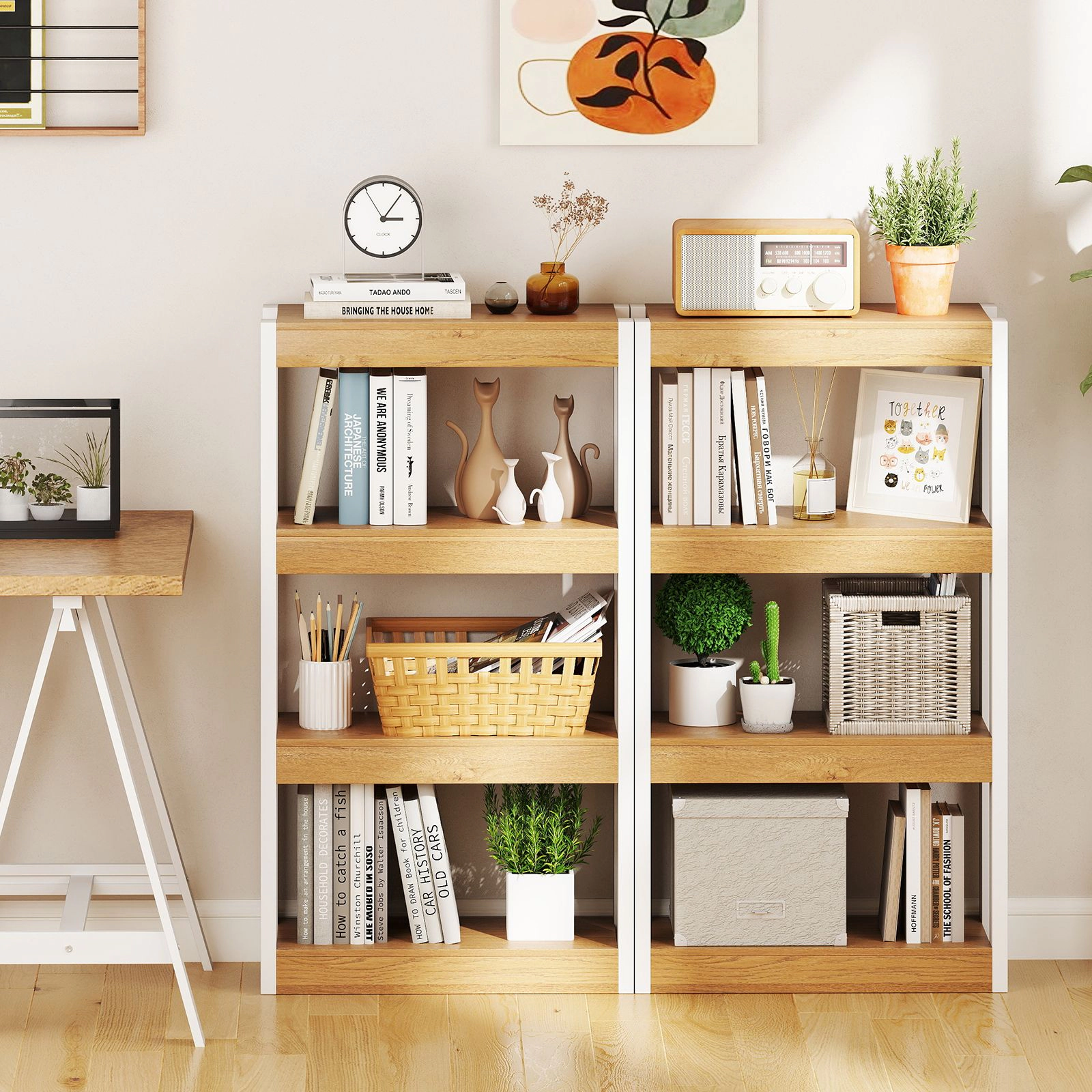 SlickBlue 4 Tier Bookshelf with Wooden Shelves and Anti-Tip Safety Kits