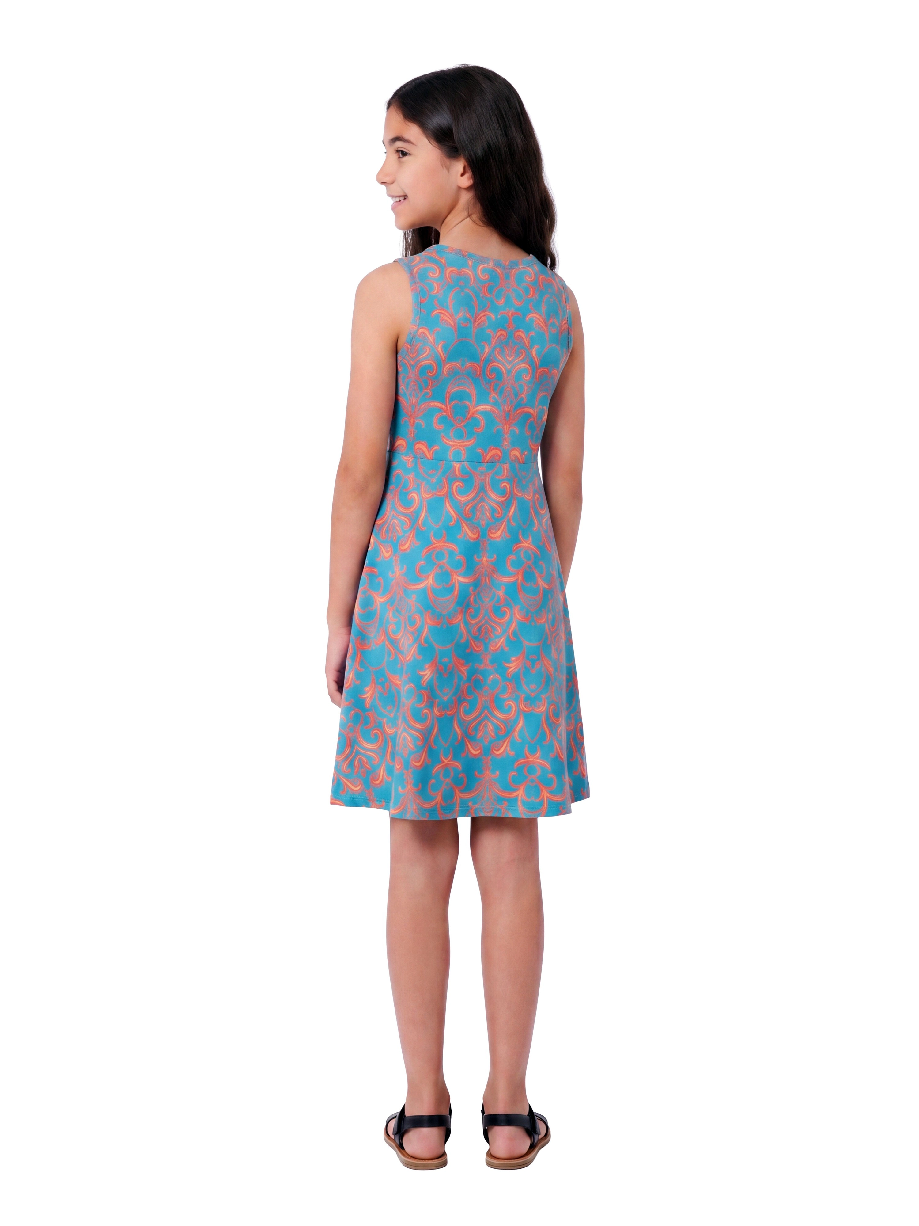 24sevenKid Essential Girls Sky Blue and Orange Print Fit and Flare Dress