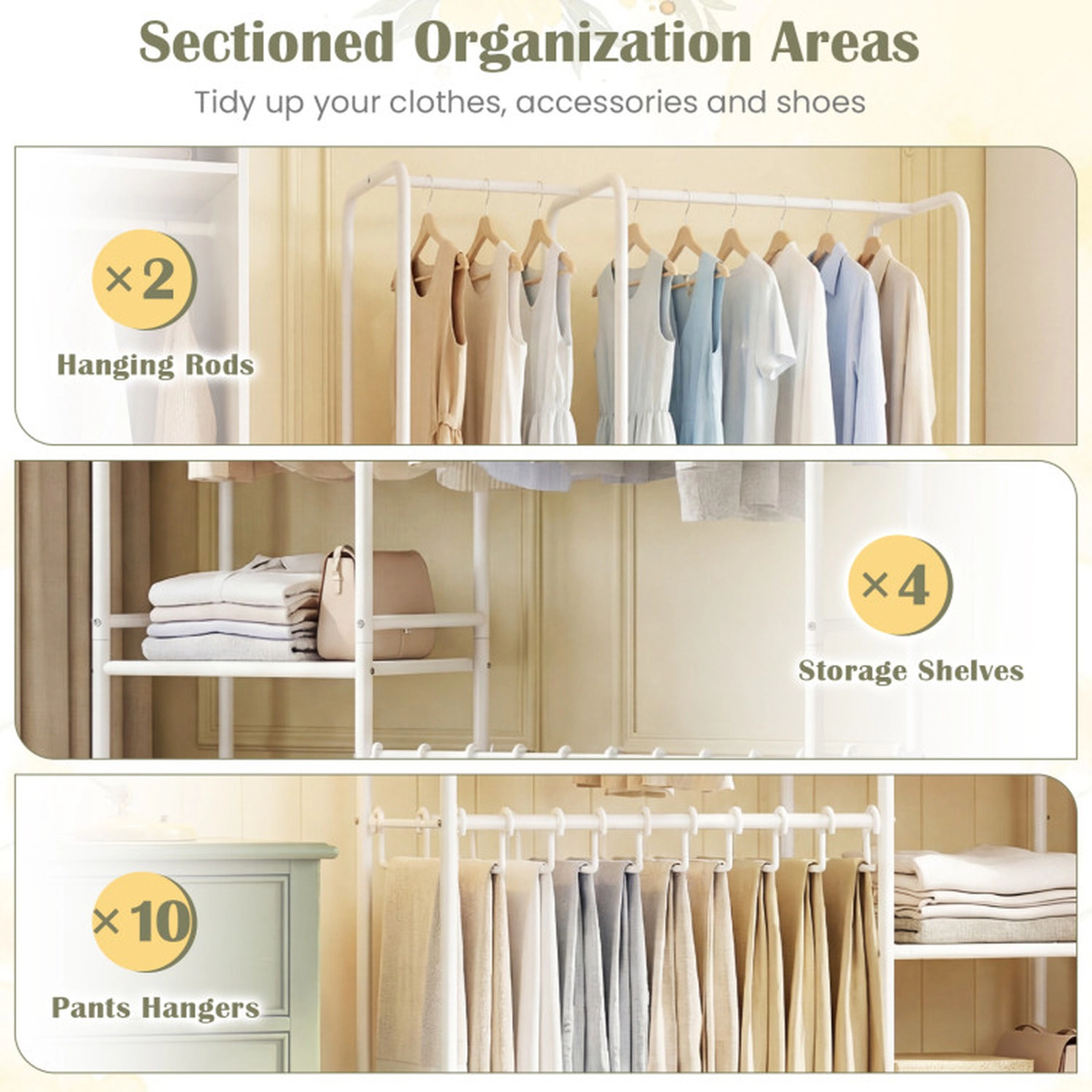 SUGIFT 63-in 120-lb Capacity White Portable Closet with 2 Hanging Rods 4 Storage Shelves and Pants Hangers