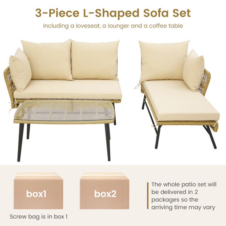 Hivvago 3 Pieces L-Shaped Patio Sofa With Cushions And Tempered Glass Table