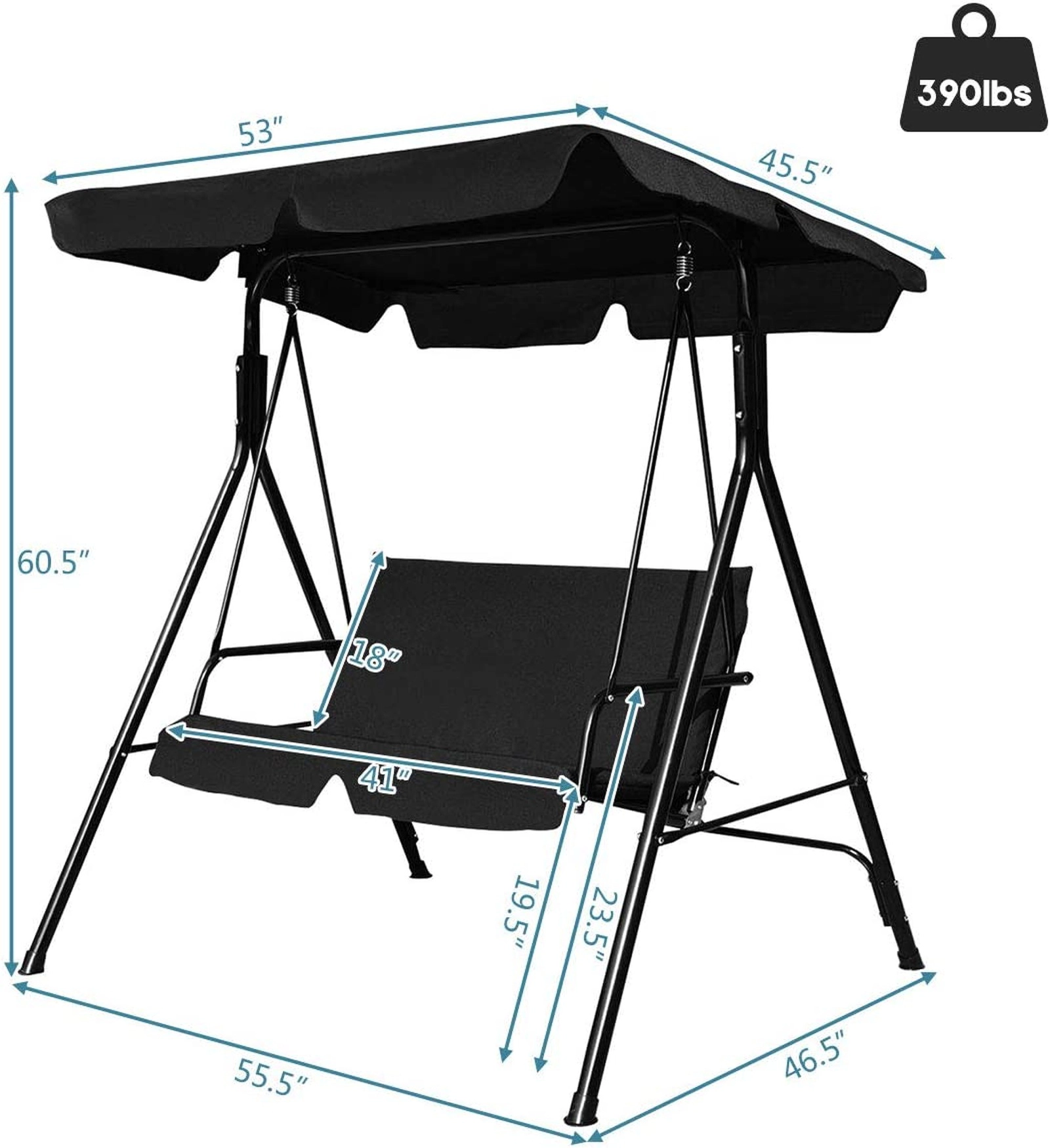 SUGIFT Outdoor Loveseat Patio Swing Chair Glider with Cushions 390-lb Capacity 55-in Frame with Canopy Black