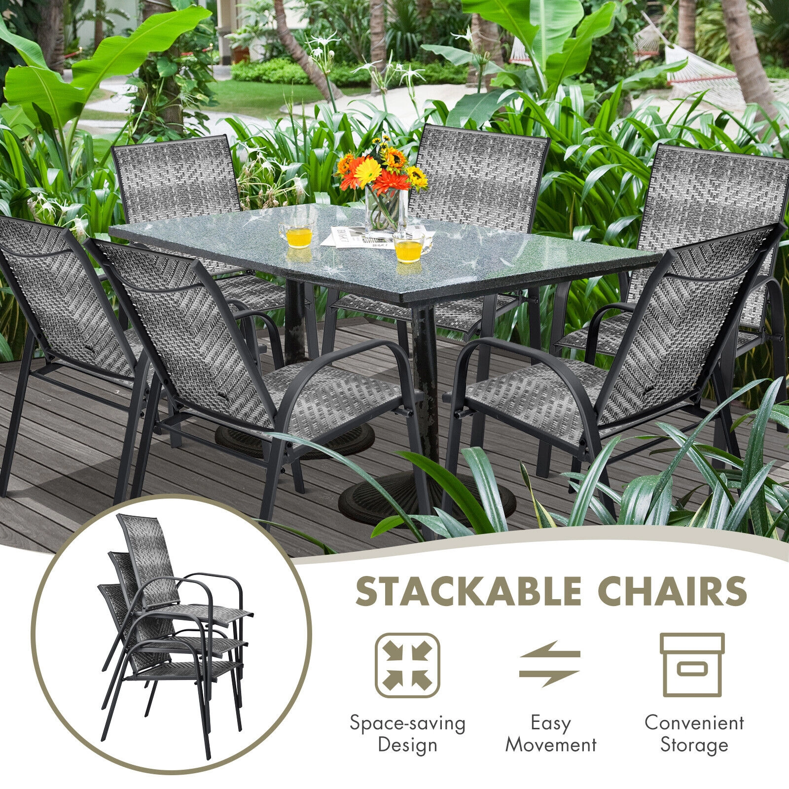 SUGIFT Set of 6 Stackable PE Rattan Wicker Outdoor Dining Chairs with Steel Frames and Armrests