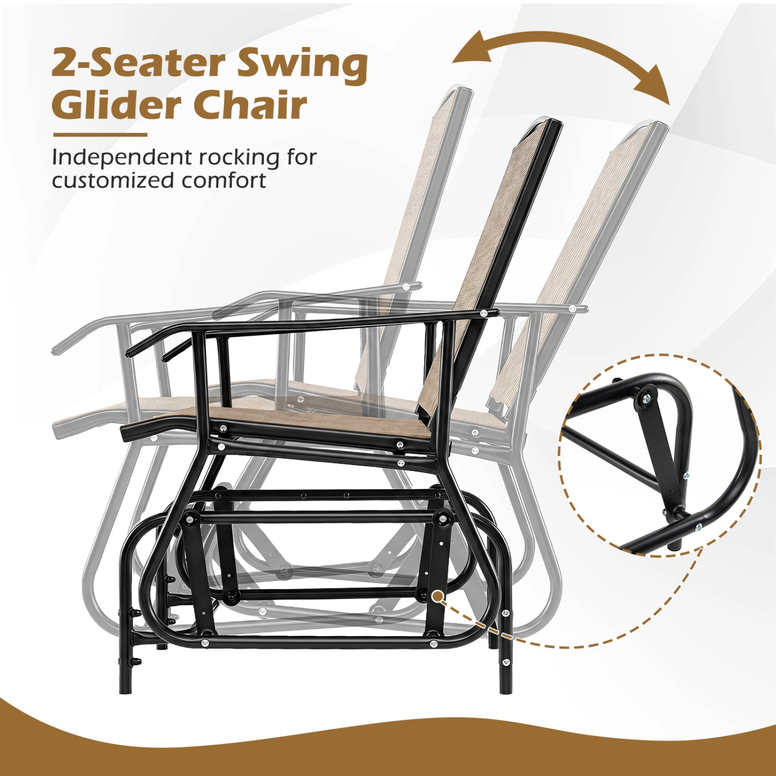 SUGIFT Beige 2-Seat Outdoor Metal Glider Bench with Independent Rocking Seats and 2-Tier Table