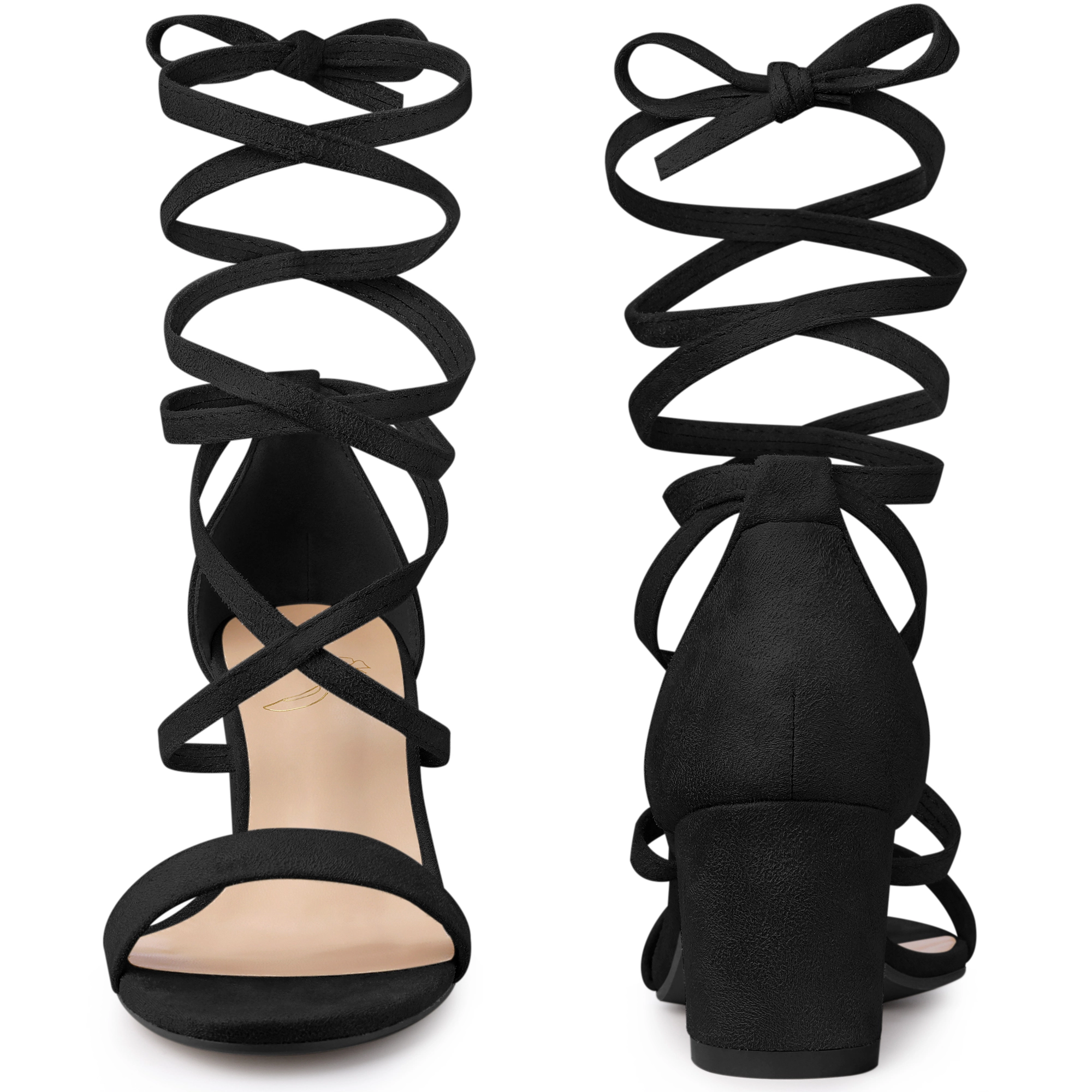 BLISSFUL STEP Women Faux Suede Open Toe Chunky Heel Lace Up Mid Sandals