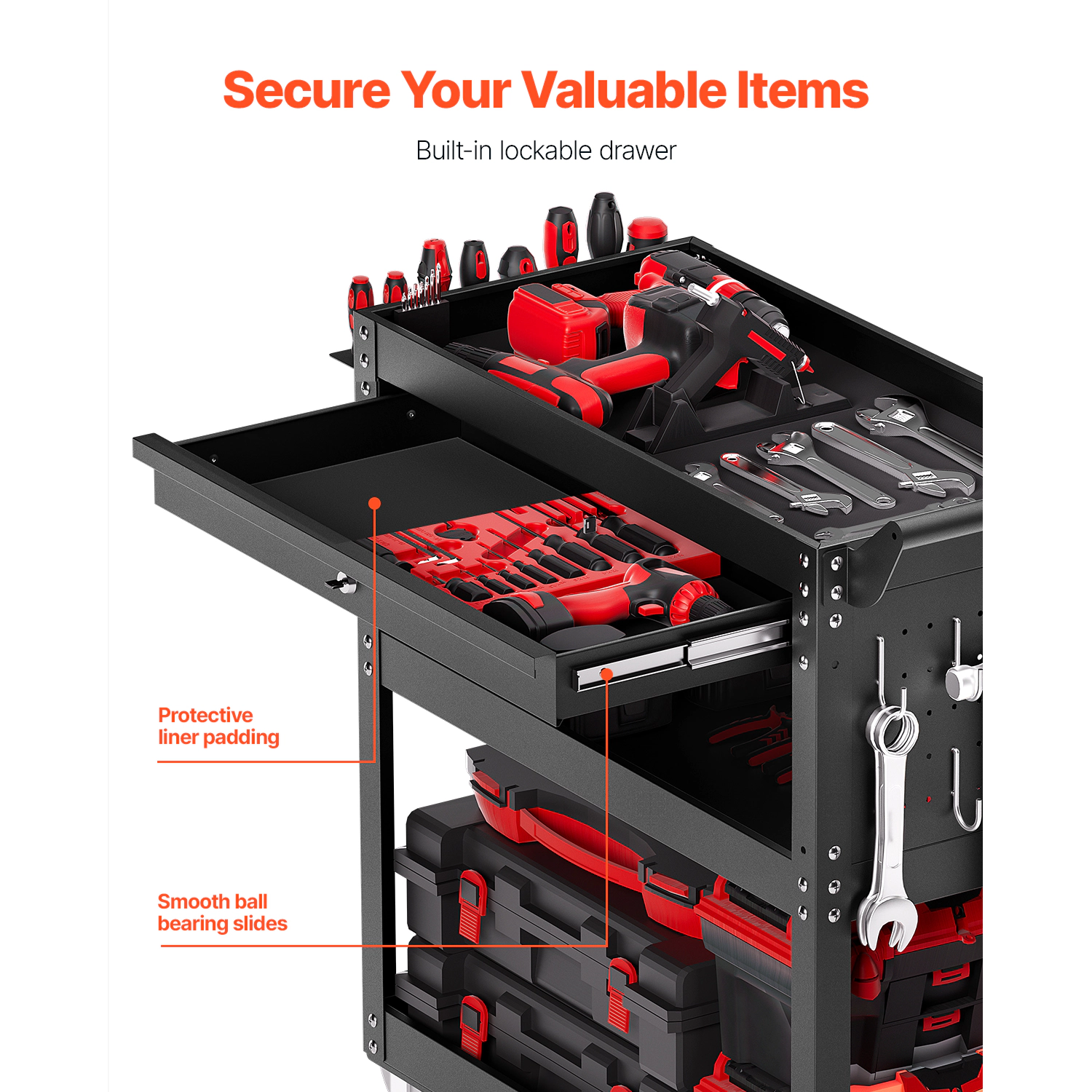 HONGGE Rolling Tool Cart with Wheels, Pegboard, Mechanic Storage Organizer with Locking System for Garage, Warehouse