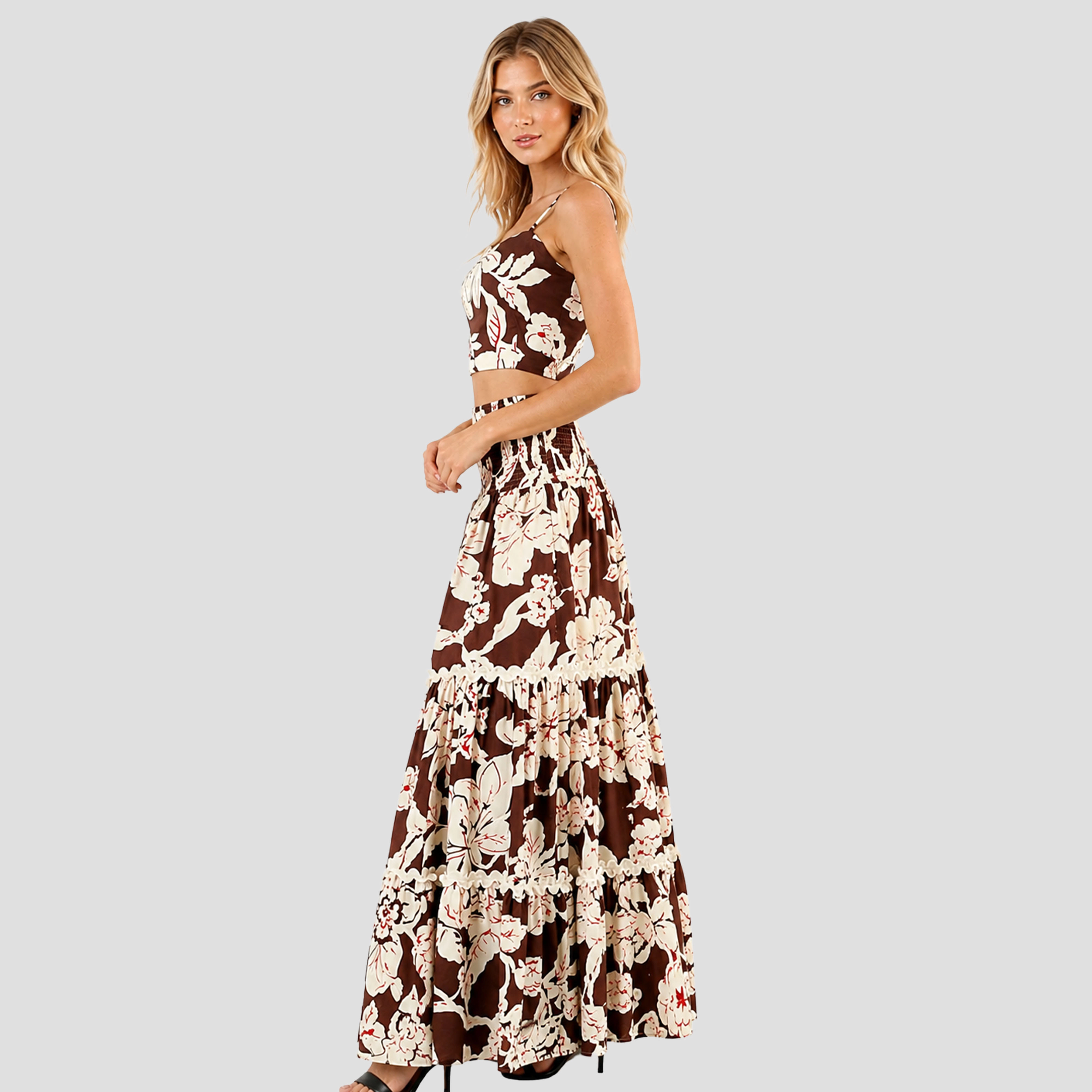 Artyska Women's 2-Piece Floral Print Smocked Crop Top and Tiered Front Slit Maxi Skirt Set