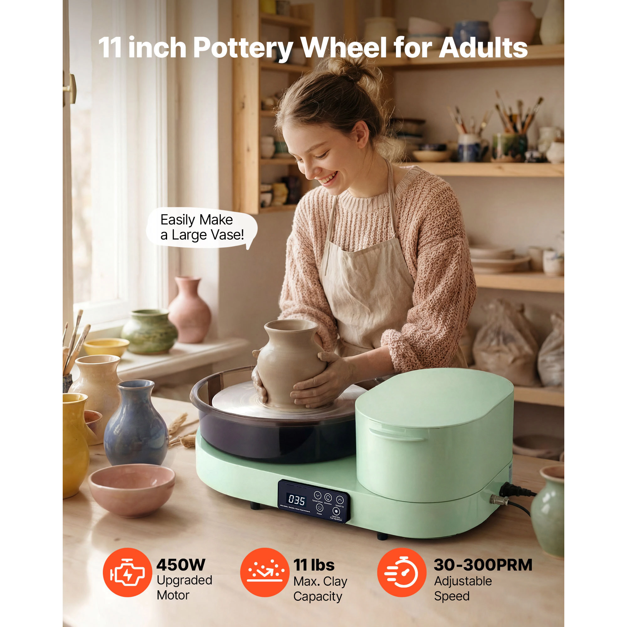 HONGGE Pottery Wheel for Adults 11" Aluminum Turntable 450W Electric Table Top with Foot Pedal 30-300 RPM