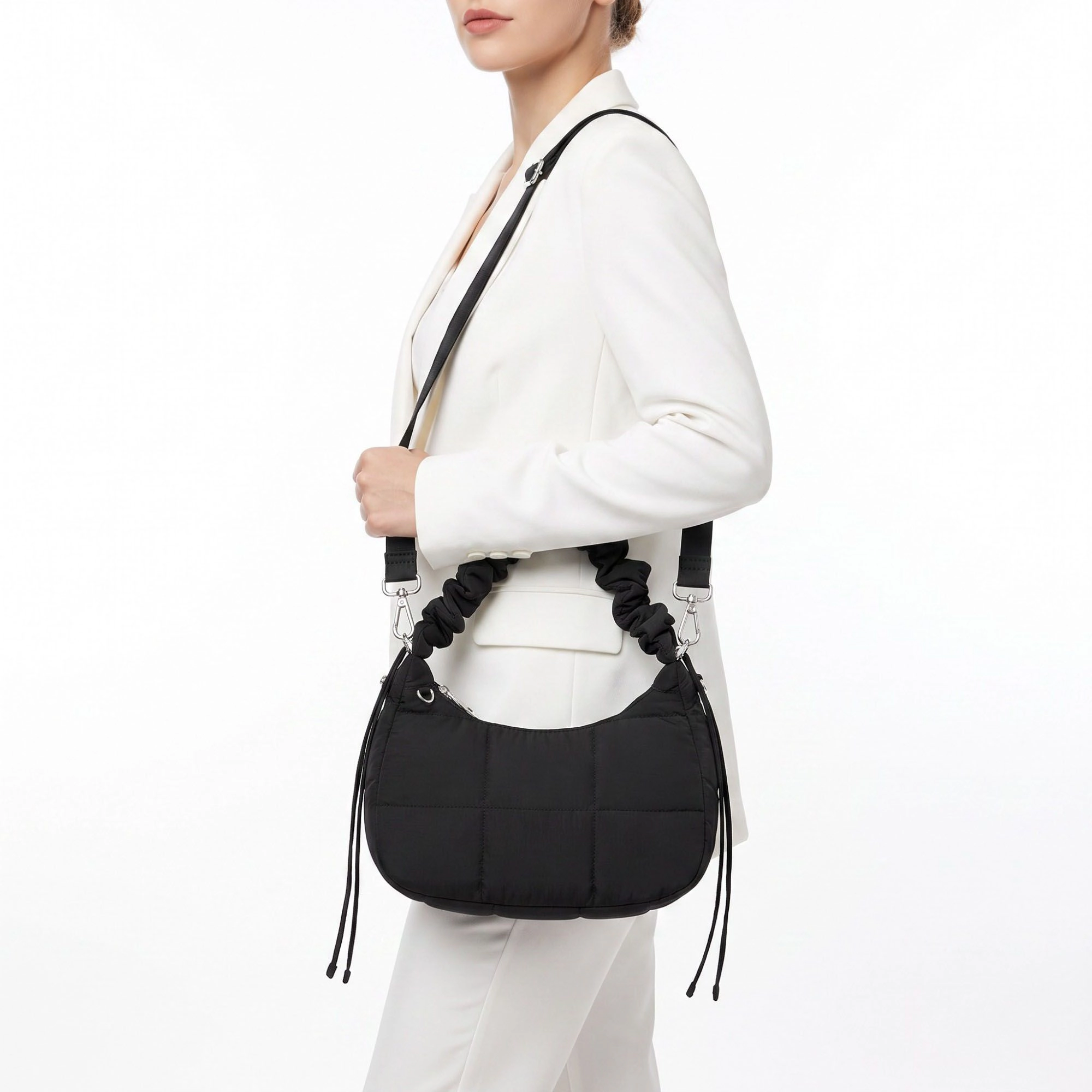 Alilang Women's Quilted Crescent Shoulder Bag with Ruched Handle and Detachable Crossbody Strap 10.5x4x6in