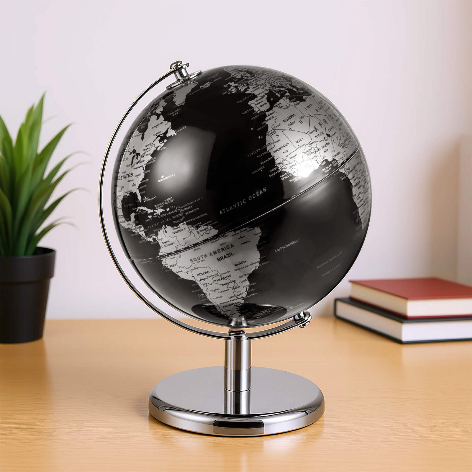 SUGIFT 8-in Rotating Decorative World Globe Interactive Desktop Learning Toy Black + Silver