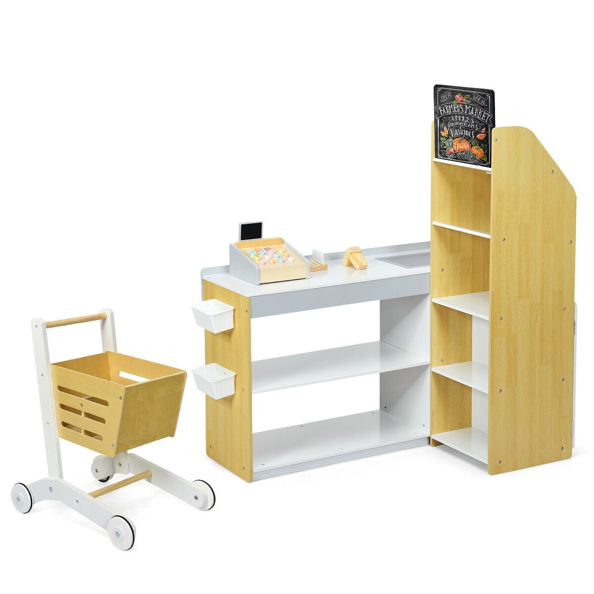 SUGIFT Grocery Store Playset Supermarket Checkout Counter with Cart Ages Over 3 Years Old Natural 21.5-in Countertop