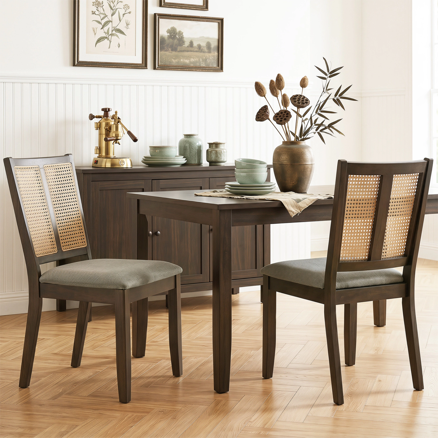 LJG Rattan Dining Chairs Set of 2 with Curved Backrest & Padded Seat for Room