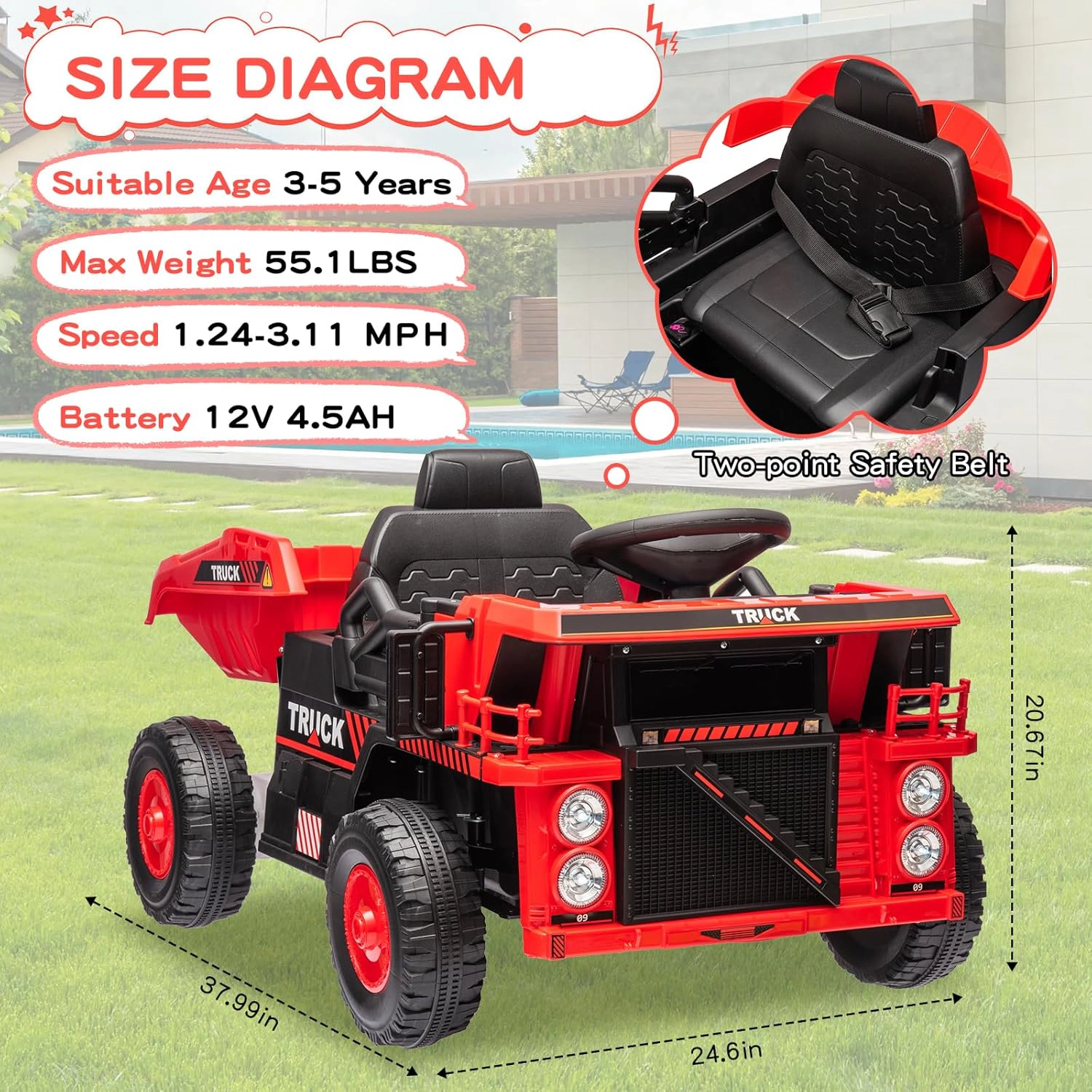 12V Kids Ride On Dump Truck, Electric Construction Car w/ Remote, Lift Bed, Shovel, Music & LED Lights