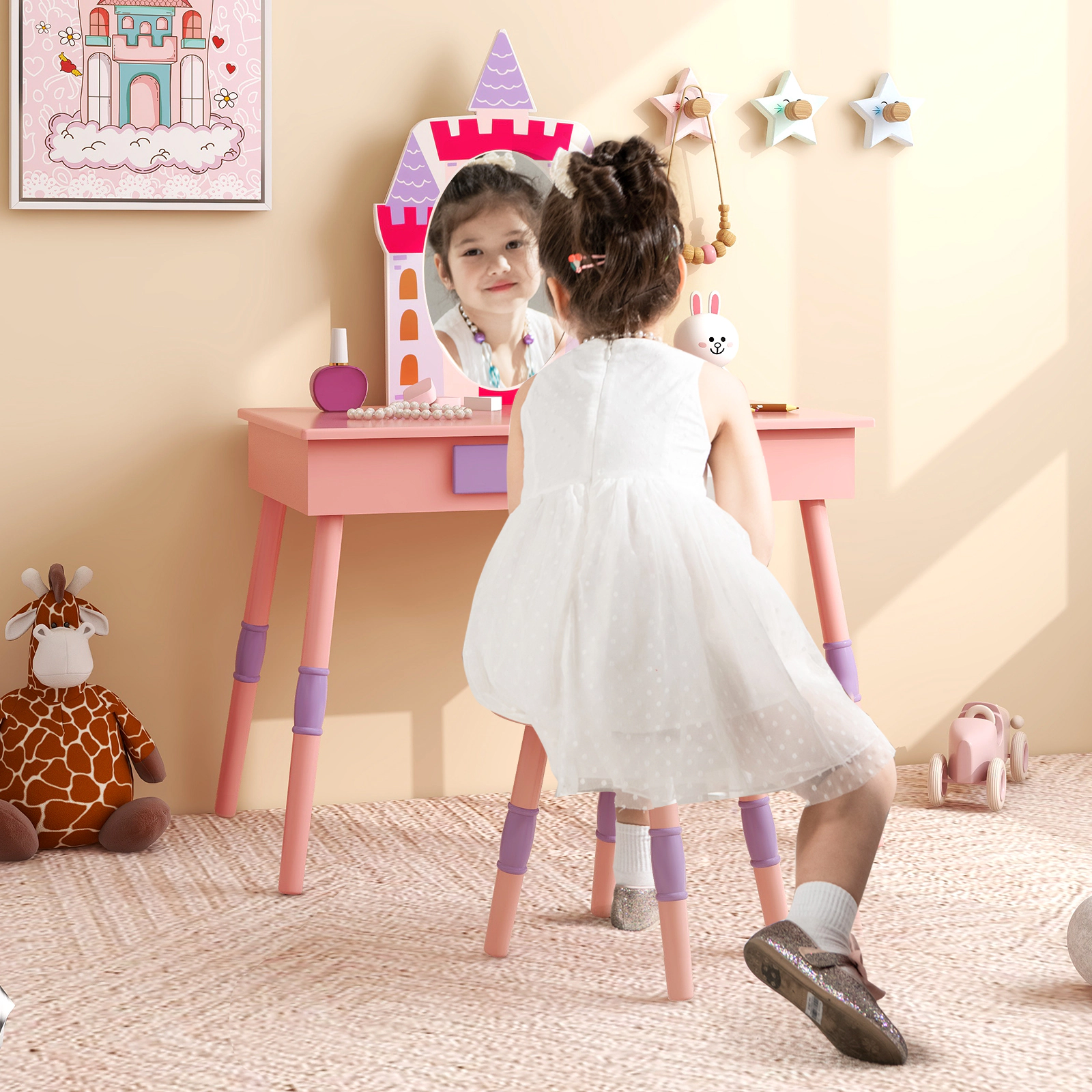SUGIFT Pink Real Silver Mirror and Large Drawer Kids Vanity Table and Stool Set