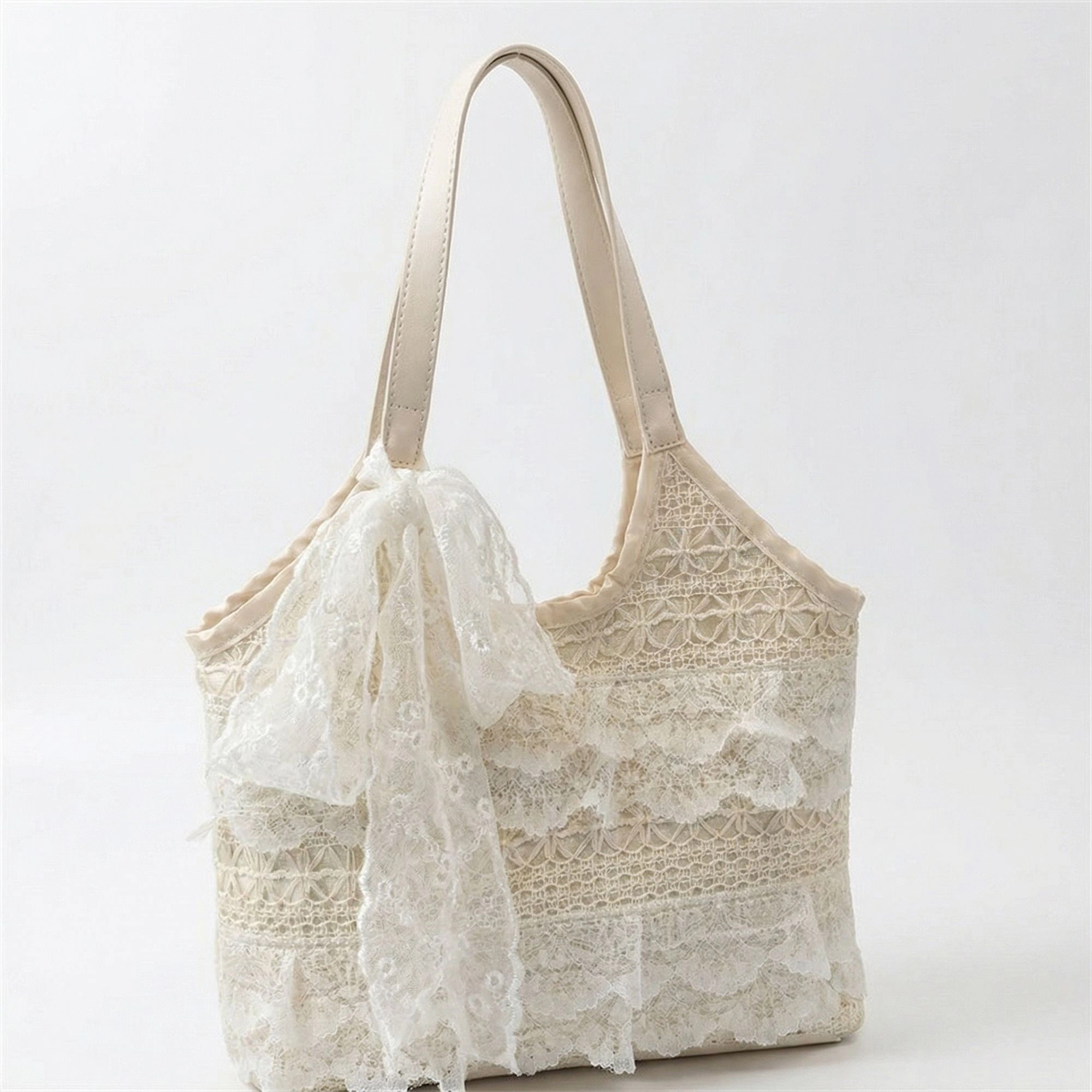 Alilang Women Lace Shoulder Tote Bag with Bow Detail Soft Structured Handbag, White