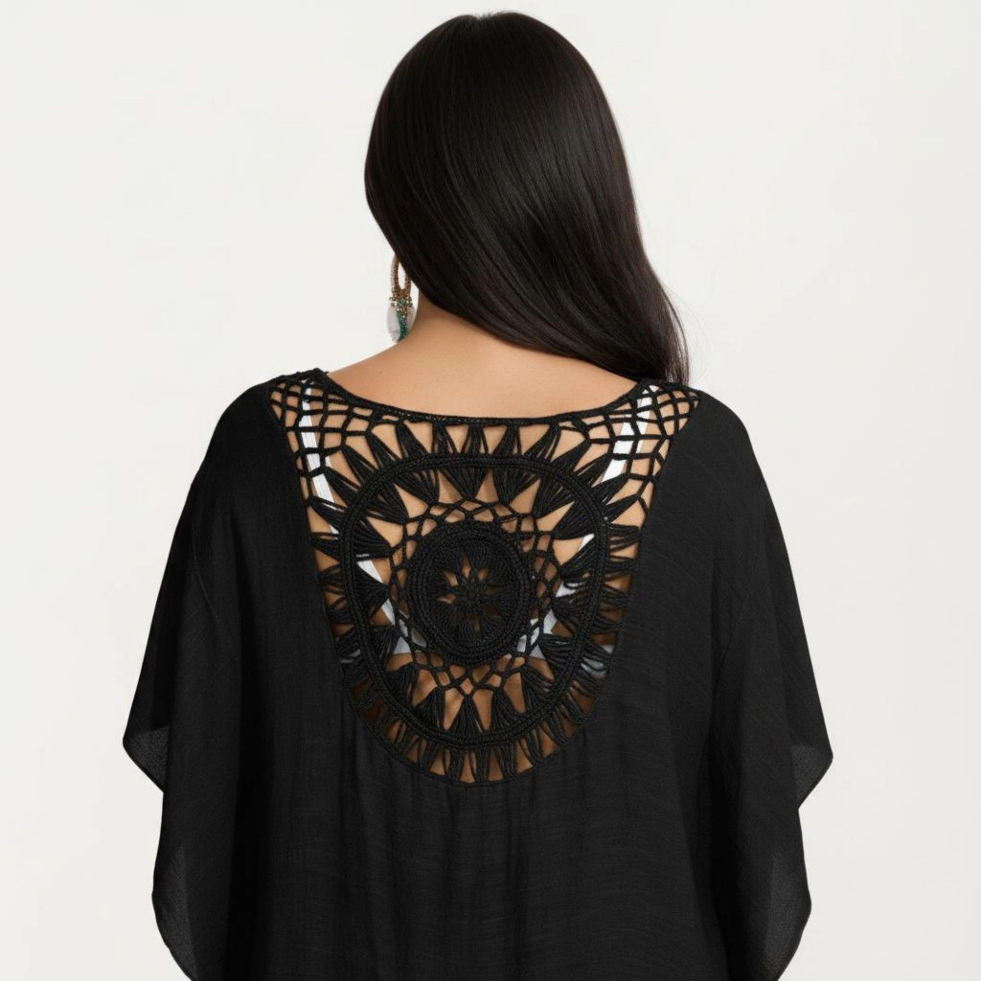 Anna-Kaci Women's Crochet Medallion Tassel Trim Relaxed Boho Silhouette Swim Cover Up Dress