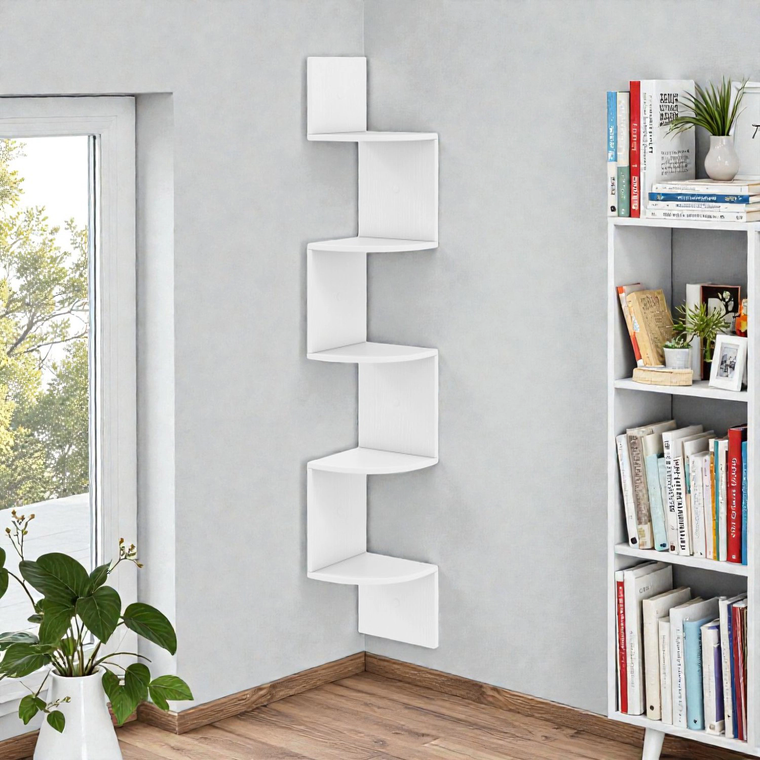 Hivvago Floating Corner Shelf with 5 Open Tiers and Wall-Mounted Design