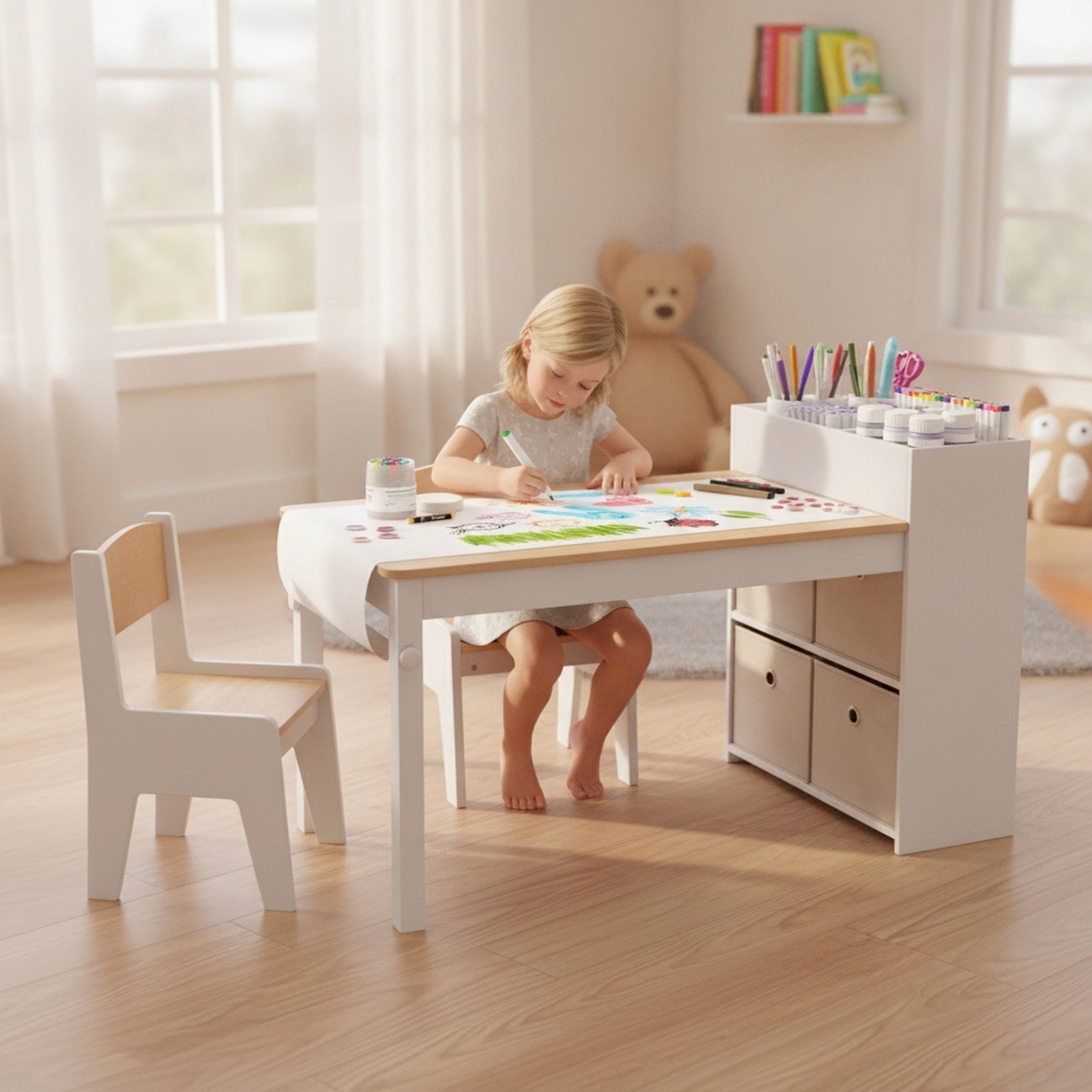 SUGIFT Kids Art Table and Chairs Set, Natural, 2 Chairs, Paper Roll and Storage