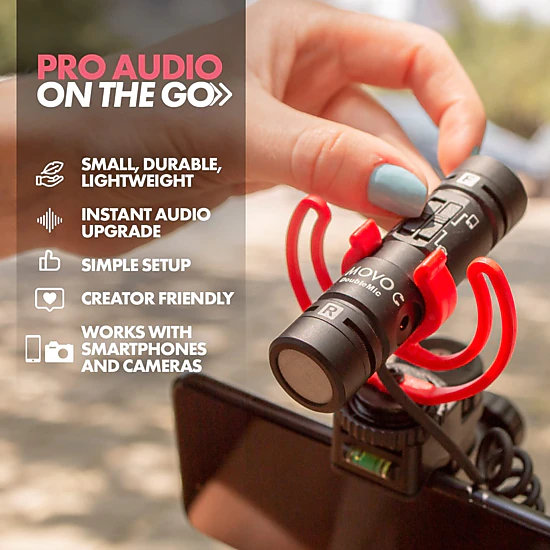 Movo DoubleMic V2 Two-Sided Shotgun Mic for Camera Vlogging - Dual Capsule External Microphone for iPhone, Android