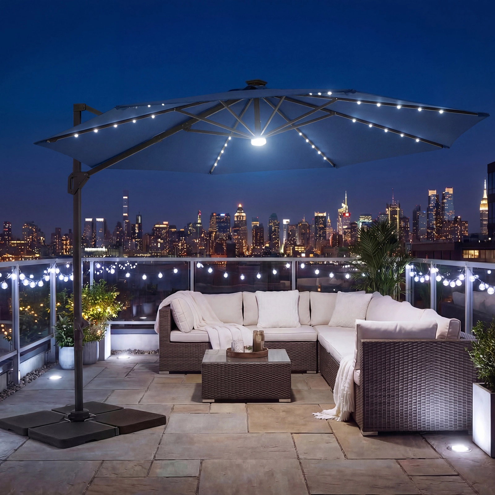 SUGIFT 10 ft Navy Blue Cantilever Patio Umbrella, 6-Level Tilt, 360-Degree Rotation, Solar LED Lights