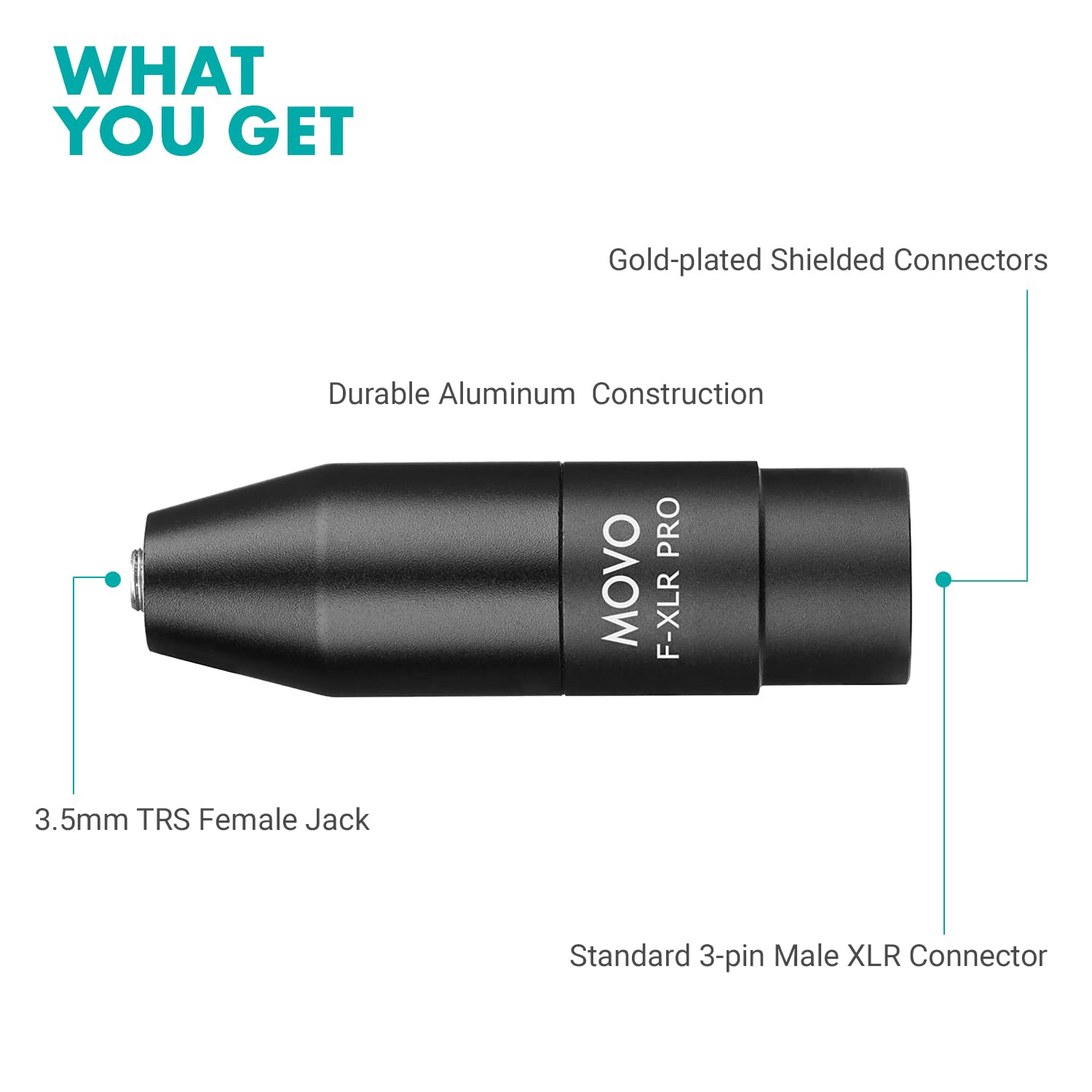 Movo FXLR-PRO 3.5mm (TRS) Mini-Jack Female Microphone Adapter to 3-pin XLR Male Connector with Integrated Phantom Power