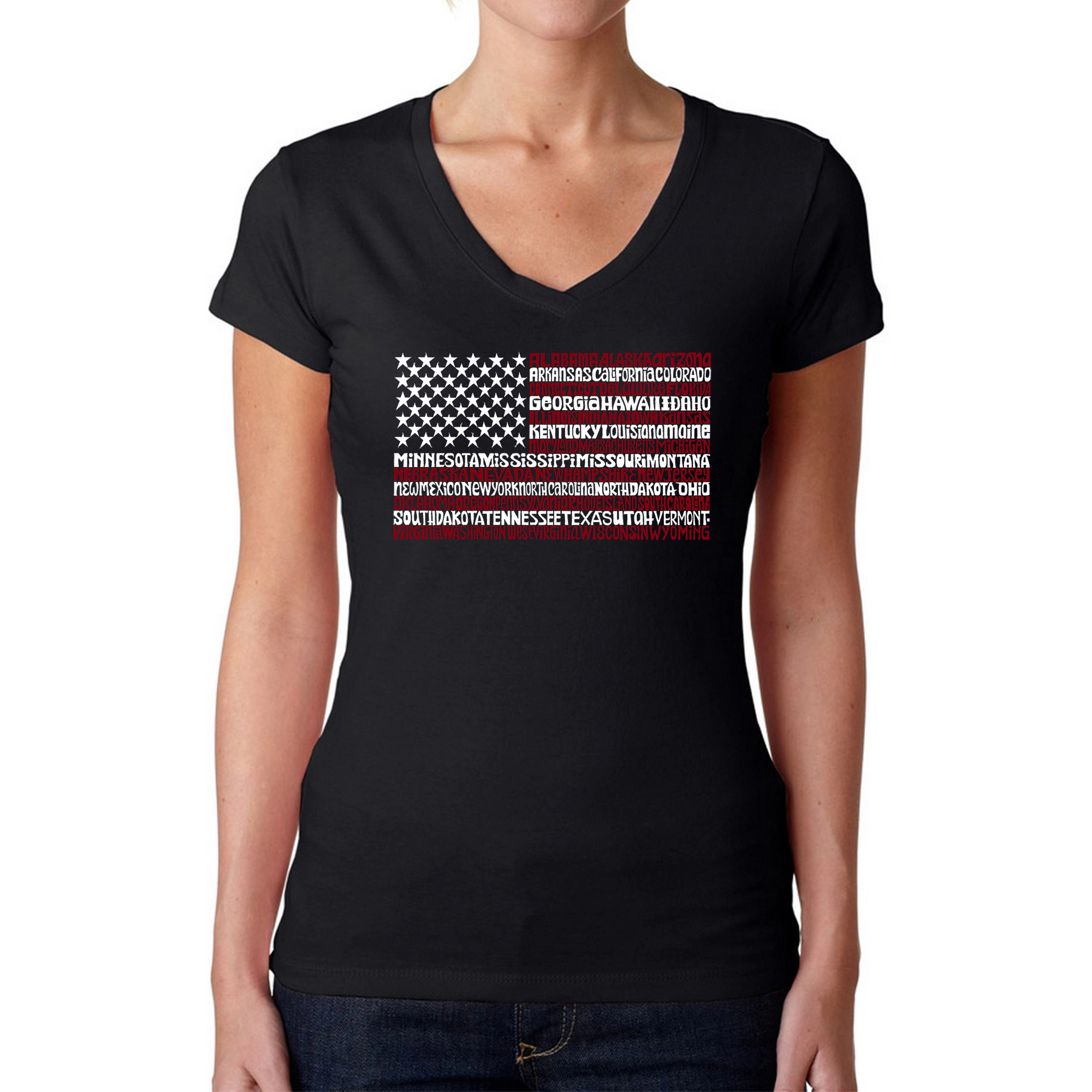 LA Pop Art Womens Word V-Neck T-Shirt - 50 States USA Flag