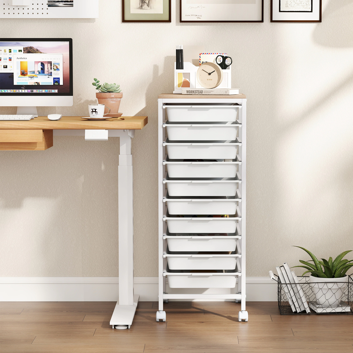SUGIFT 10-Drawer Rolling Storage Cart White with Wooden Tabletop and Lockable Wheels