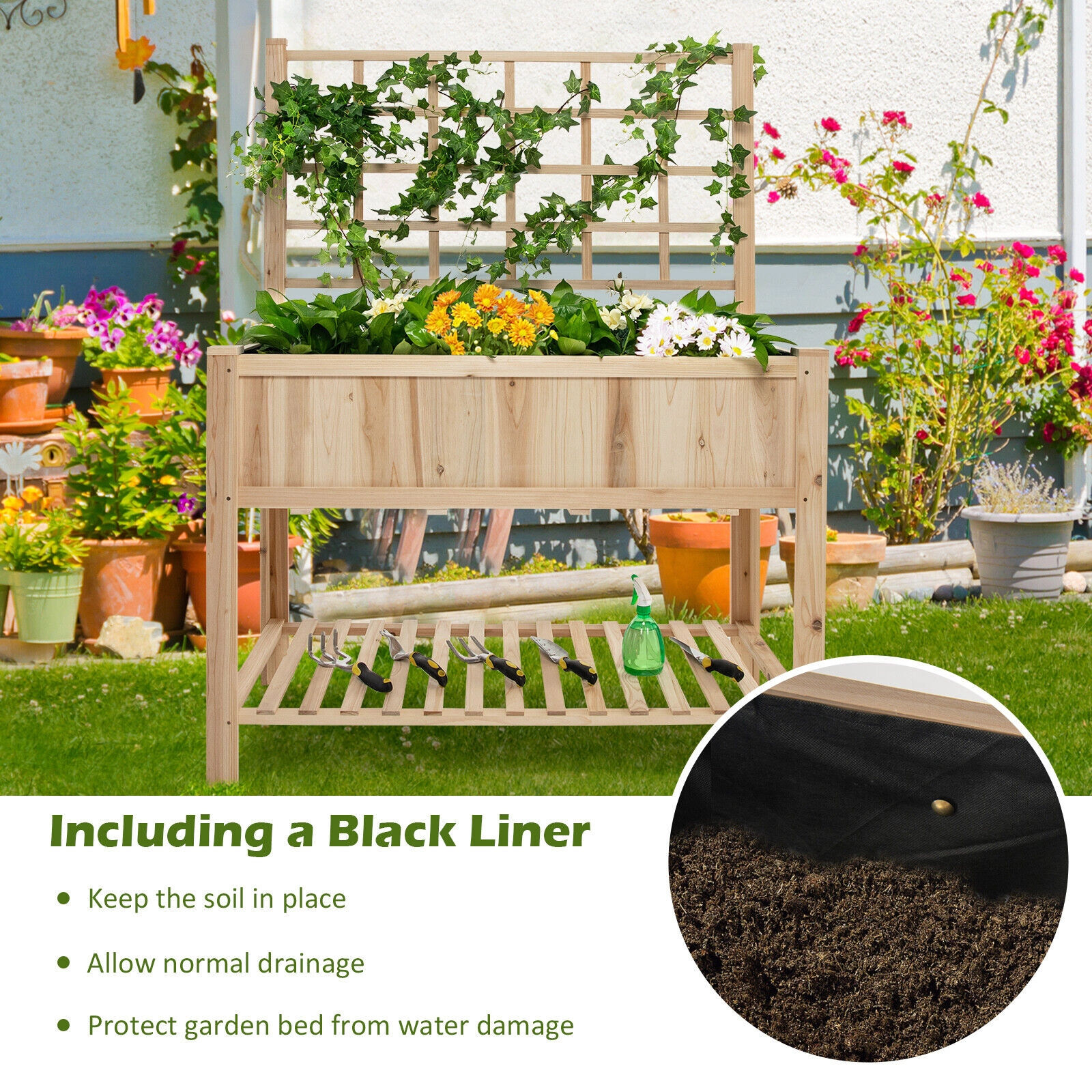SUGIFT Natural Raised Garden Bed with Trellis and Storage Shelf 42-in W 21-in D 58-in H 386-lb Bed Capacity