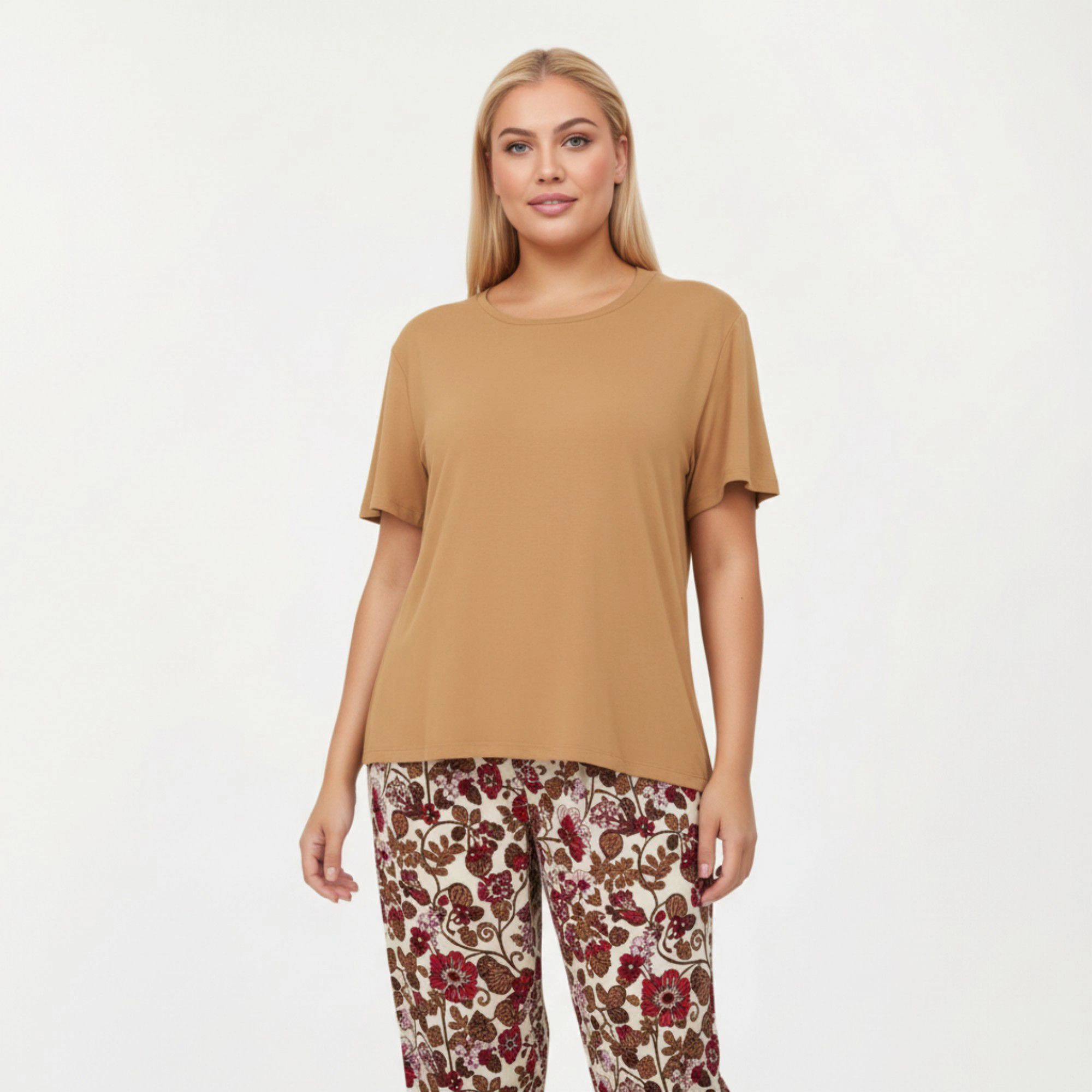 Anna-Kaci Women's 2-Piece Short Sleeve Knit Top and Printed Wide Leg Pajama Pants with Soft Stretch Fabric