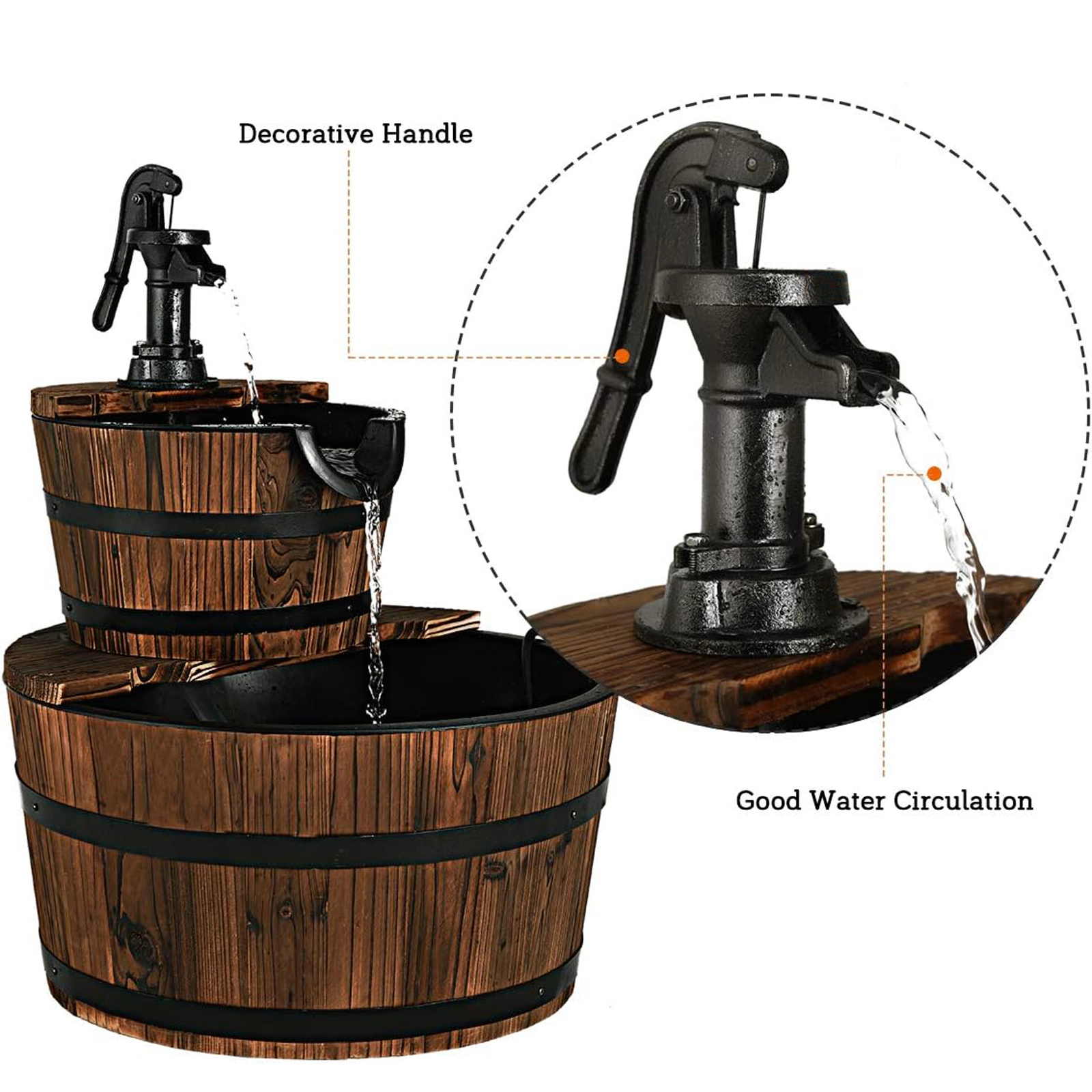 SUGIFT 2-Tiers Outdoor Wooden Barrel Waterfall Fountain with Pump 3-Gallon Capacity Brown