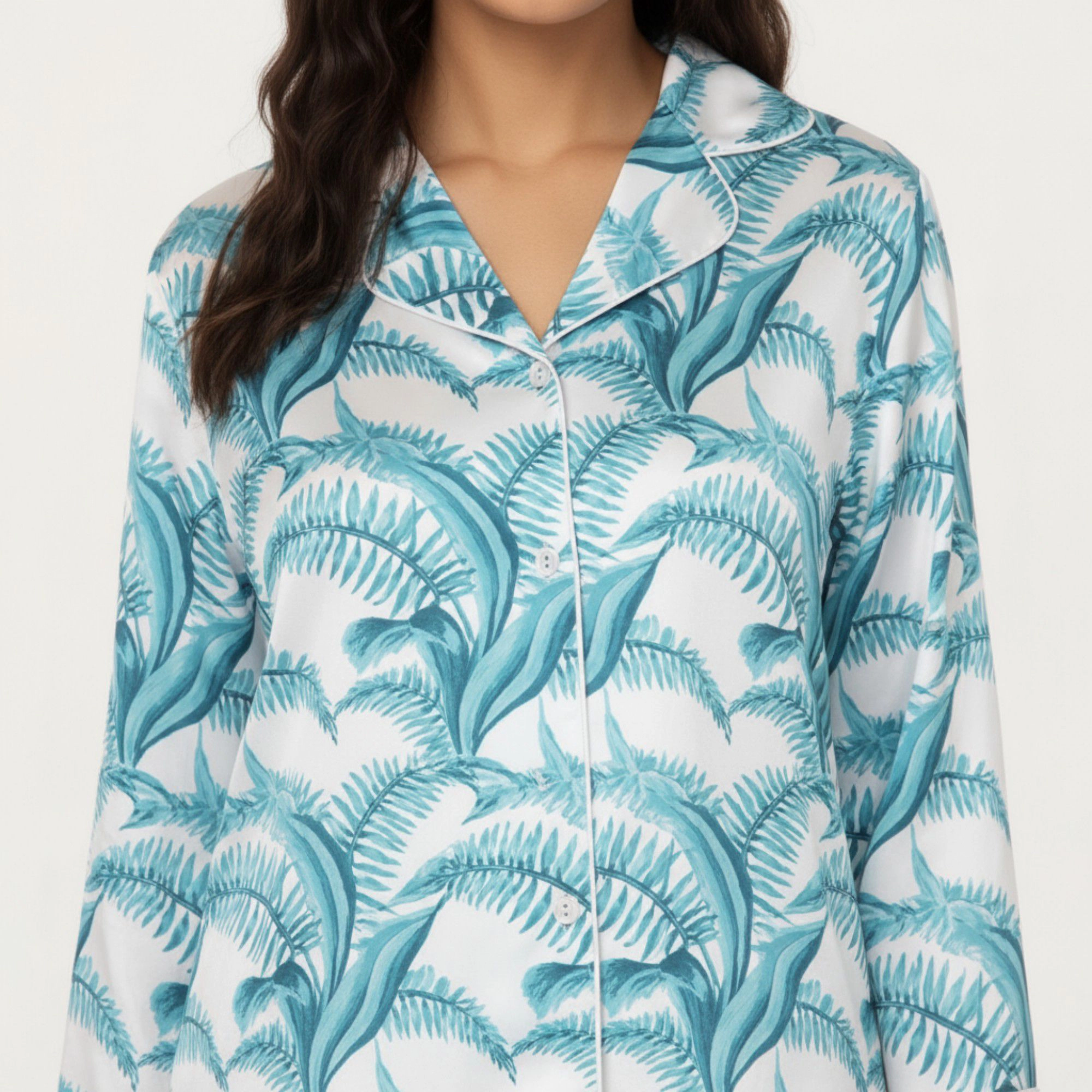 Anna-Kaci Women's 2-Piece Long Sleeve Button Front Pajama Set with Tropical Leaf Print and Soft Silky Fabric