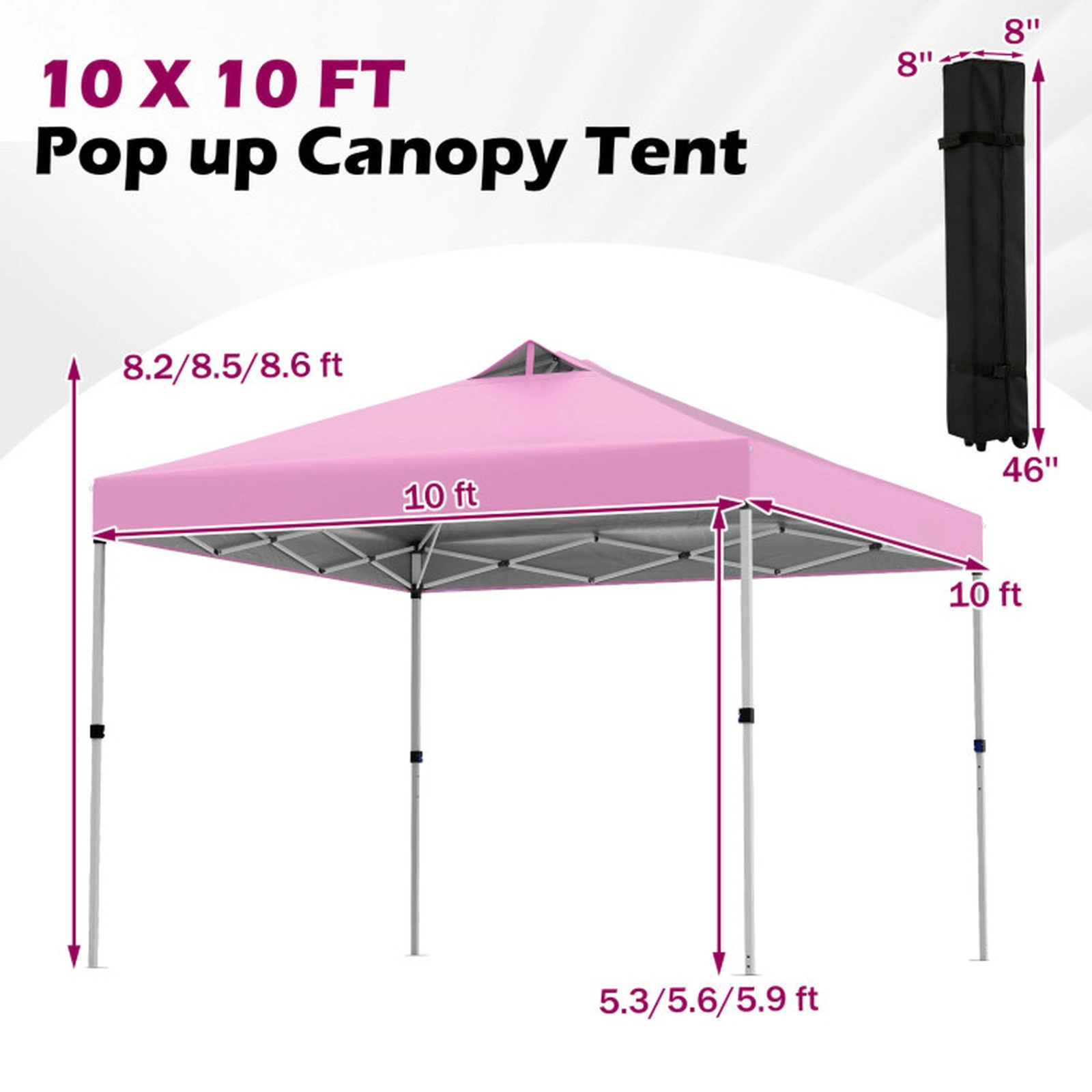 SUGIFT One-Hand Center Lock Pop Up Canopy Tent 10 x 10ft 3-Height Adjustable Pink