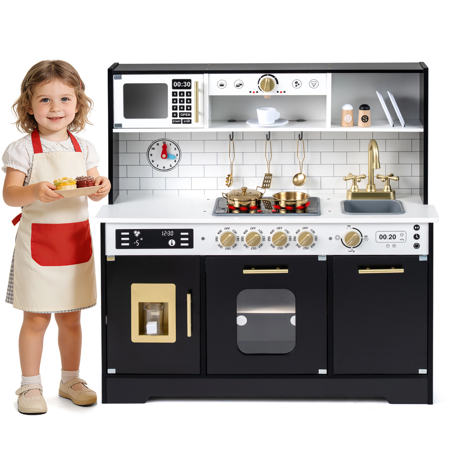 LJG Wooden Play Kitchen for Kids with Realistic Lights and Sounds