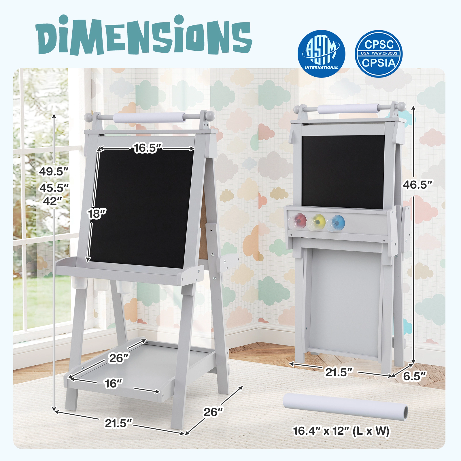 SUGIFT 3-in-1 Double-sided Kids Art Easel with Chalkboard and Magnetic Whiteboard 33-lb Tool Tray Capacity 3+ Years Gray