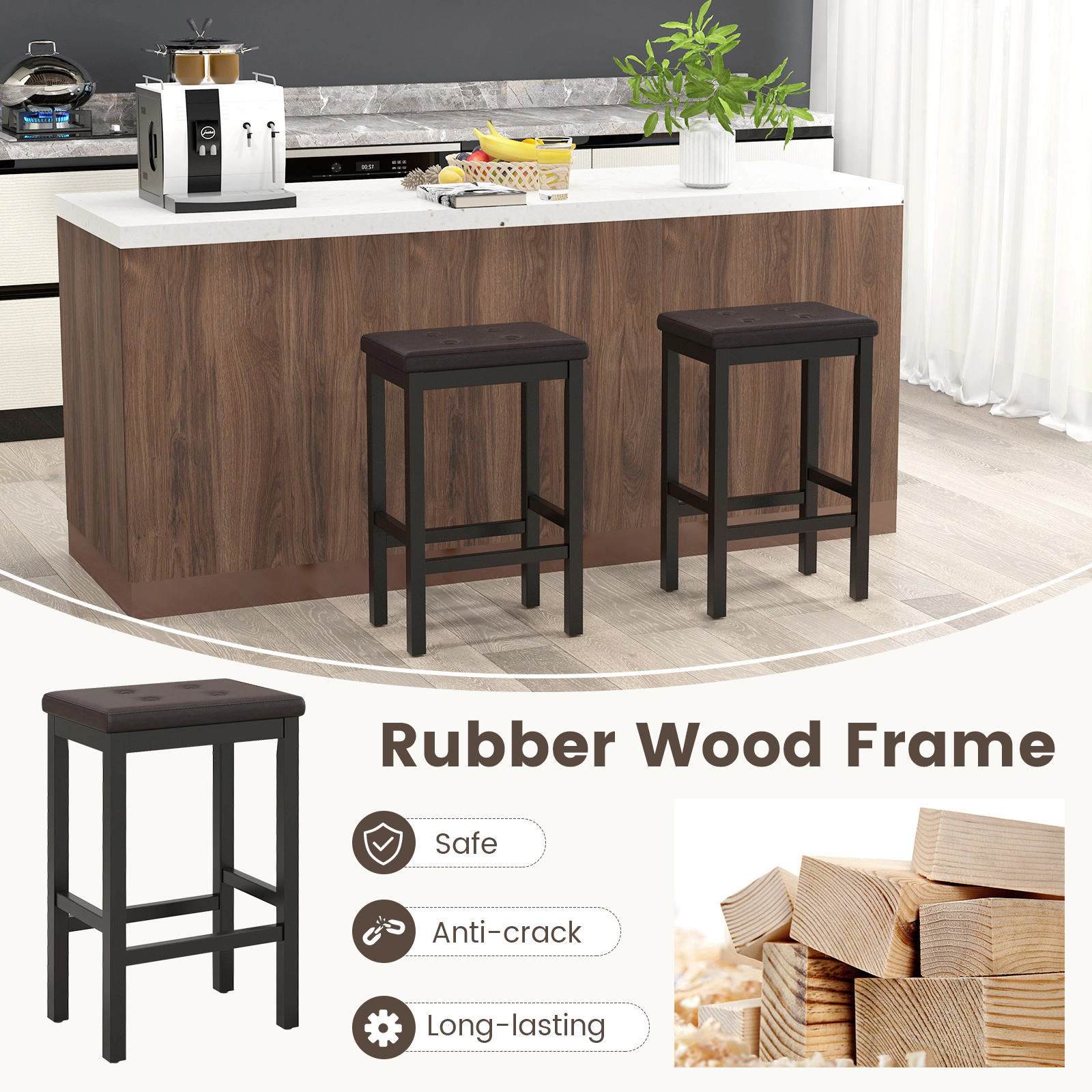 Hivvago  24 Inch Bar Stools with Padded Seat Footrest and Rubber Wood Frame