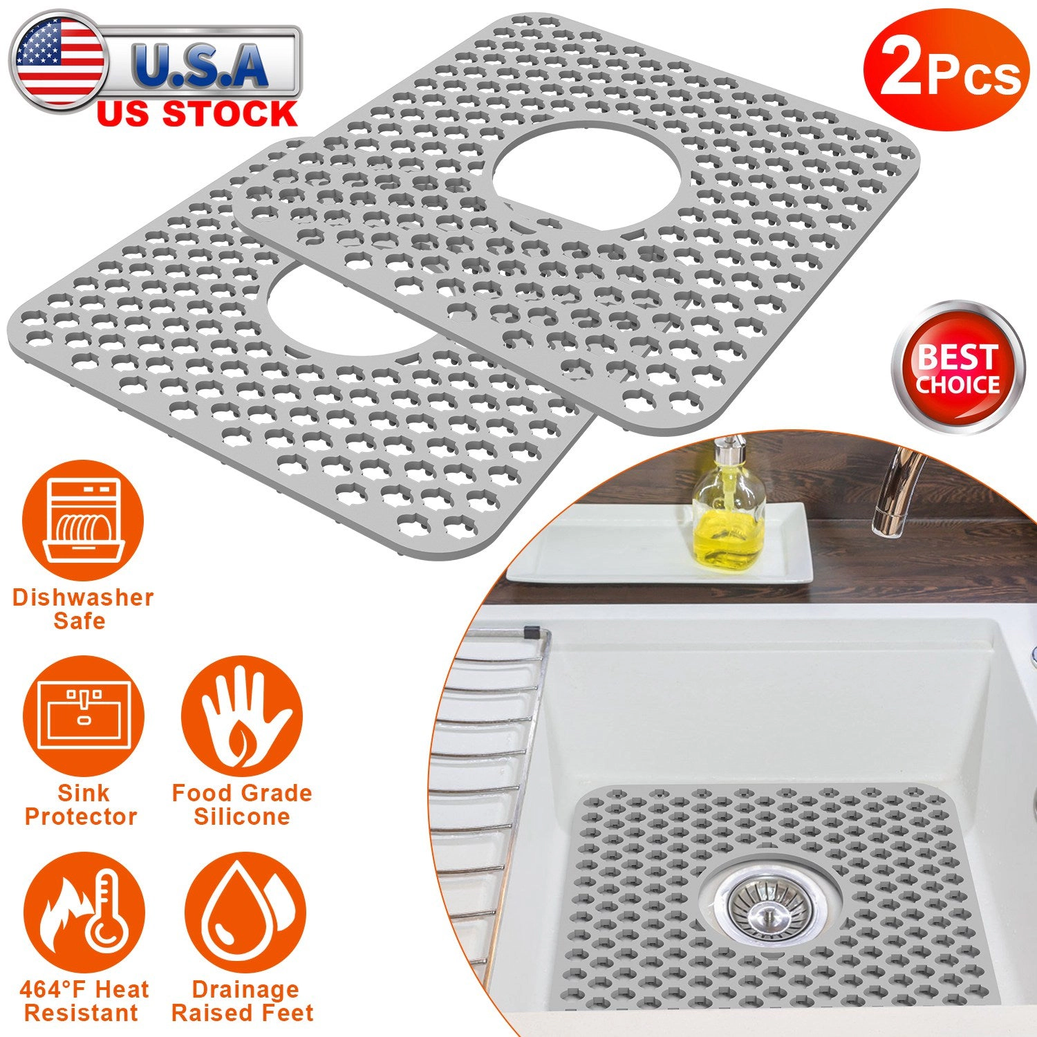 GBruno 2-Piece Silicone Sink Mat With Drain Hole
