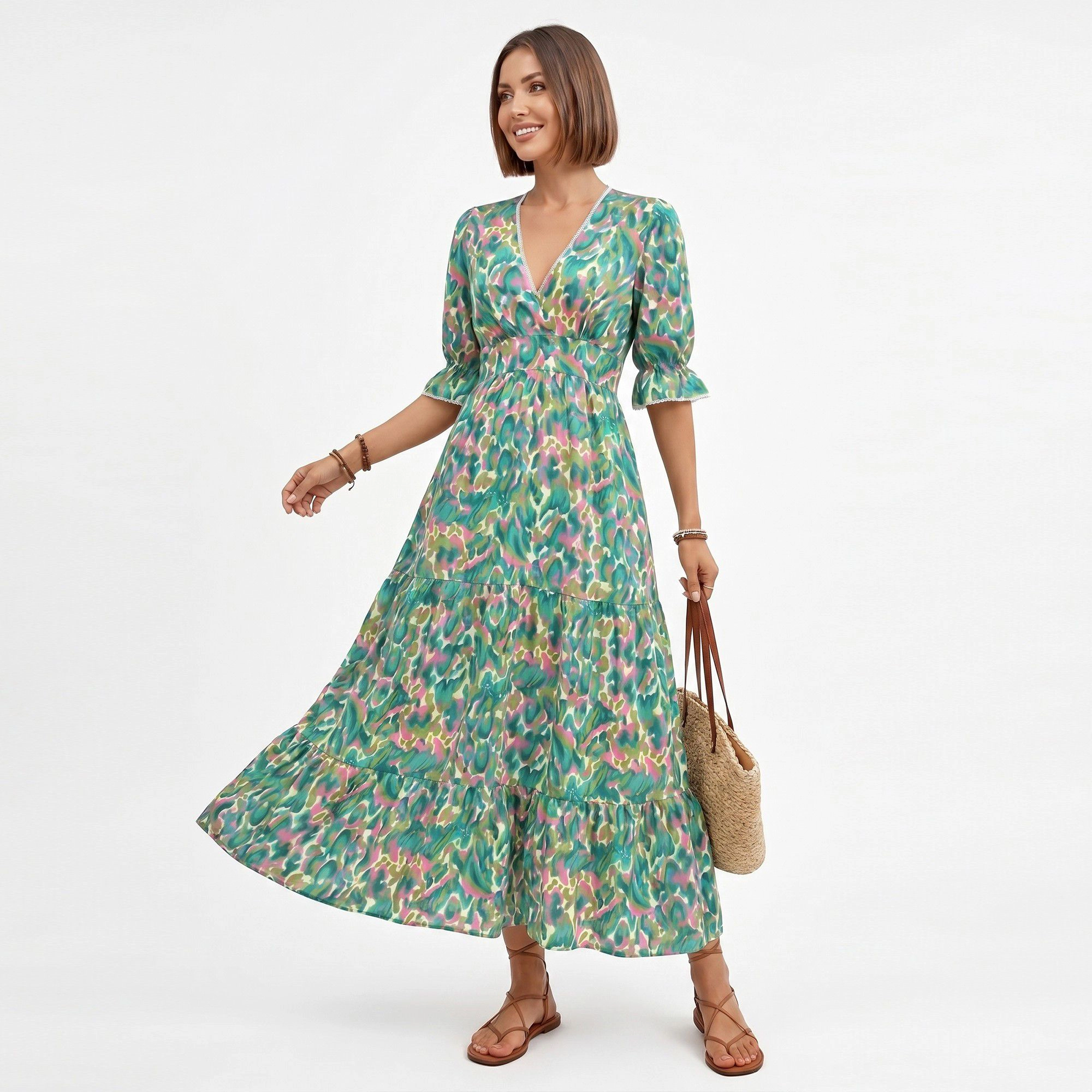 Anna-Kaci Women's Printed V-Neck Smocked Waist Tiered Skirt Midi Dress