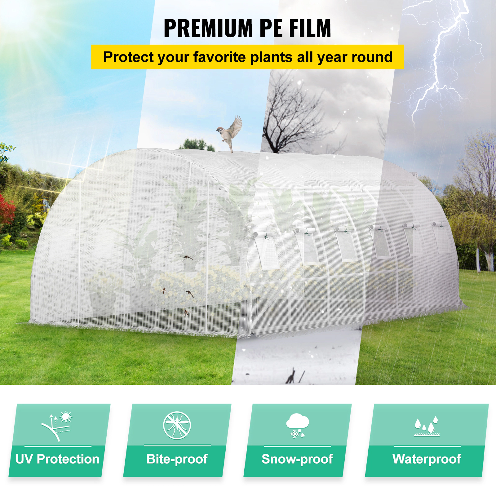 HONGGE Walk-in Tunnel Greenhouse 20 x 10 x 7 ft Portable Plant Hot House with Galvanized Steel Hoops 3 Top Beams