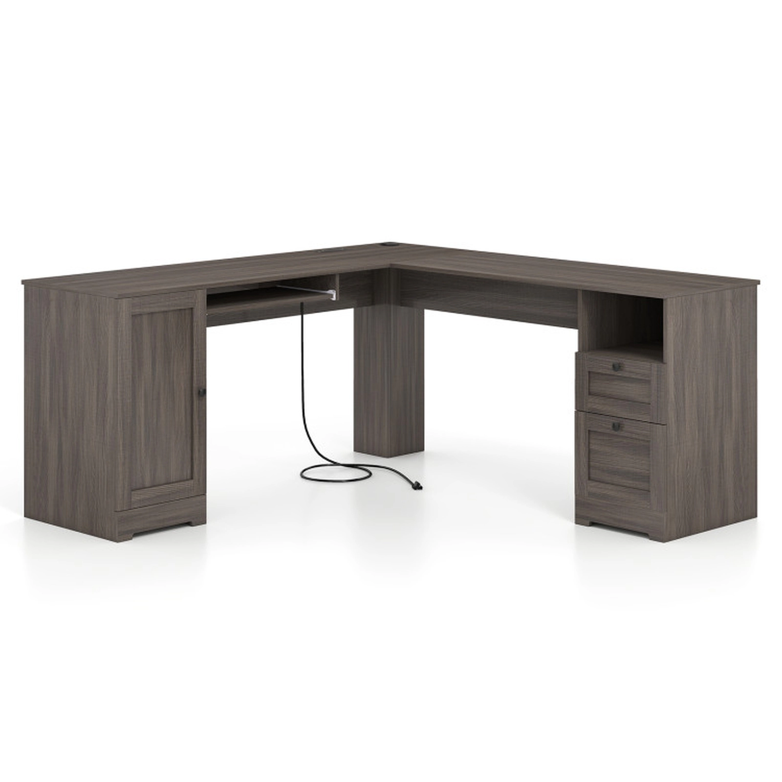 SUGIFT Keyboard Tray Drawers Power Outlets L-Shaped Computer Desk 66-in x 66-in x 30-in 165-lb Capacity Dark Gray