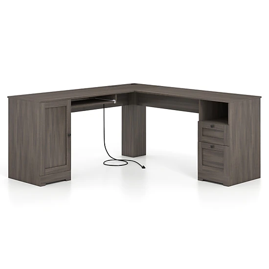 SUGIFT Keyboard Tray Drawers Power Outlets L-Shaped Computer Desk 66-in x 66-in x 30-in 165-lb Capacity Dark Gray