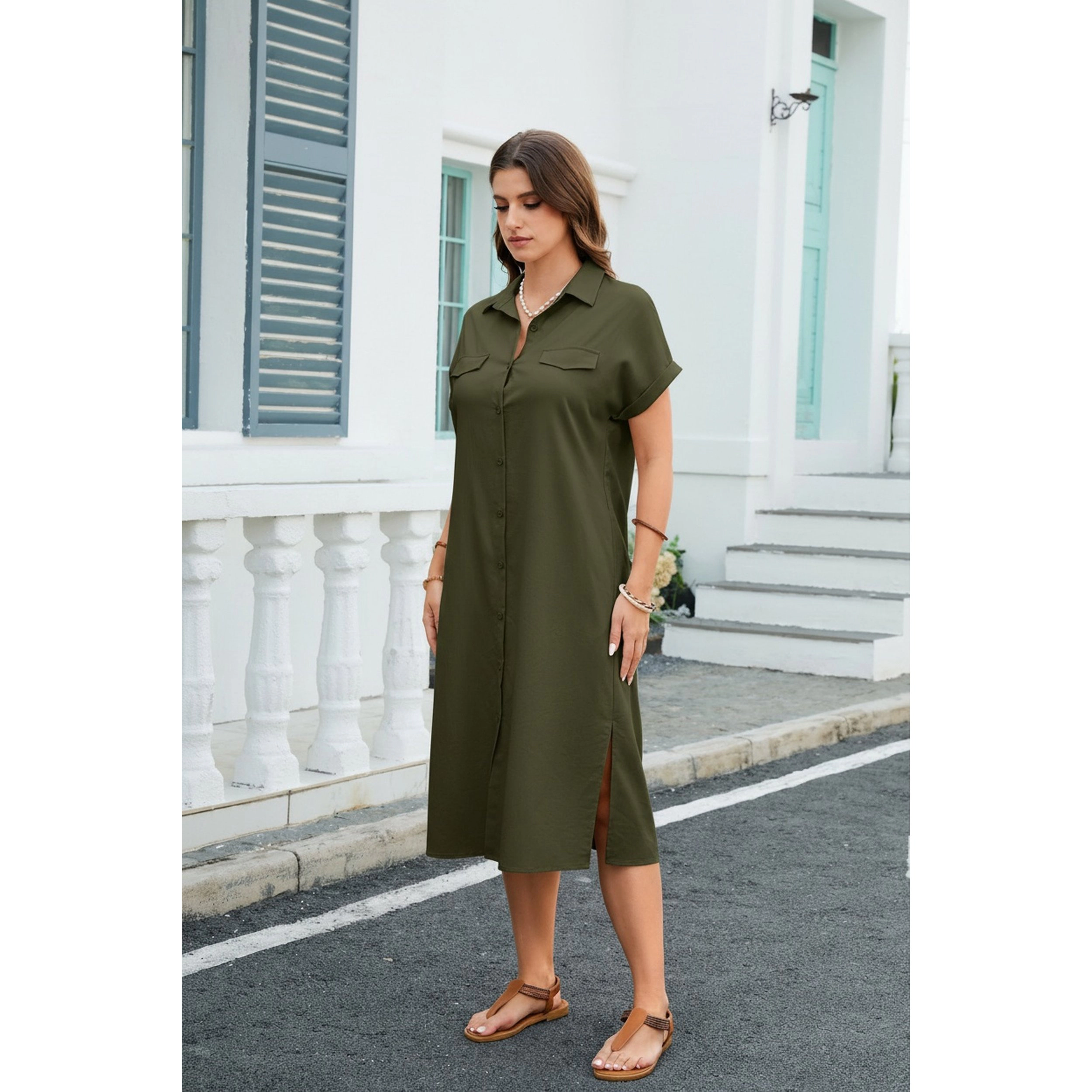 Zeagoo Women's Short Sleeve Loose Tunic Midi Shirt Dress Cover Up with Pockets