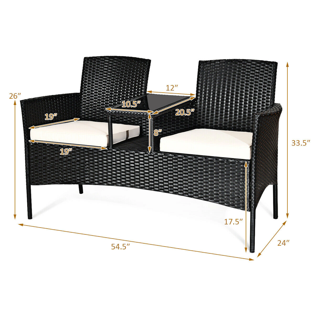 SUGIFT White Center Table and Removable Cushions Wicker Patio Loveseat Conversation Set